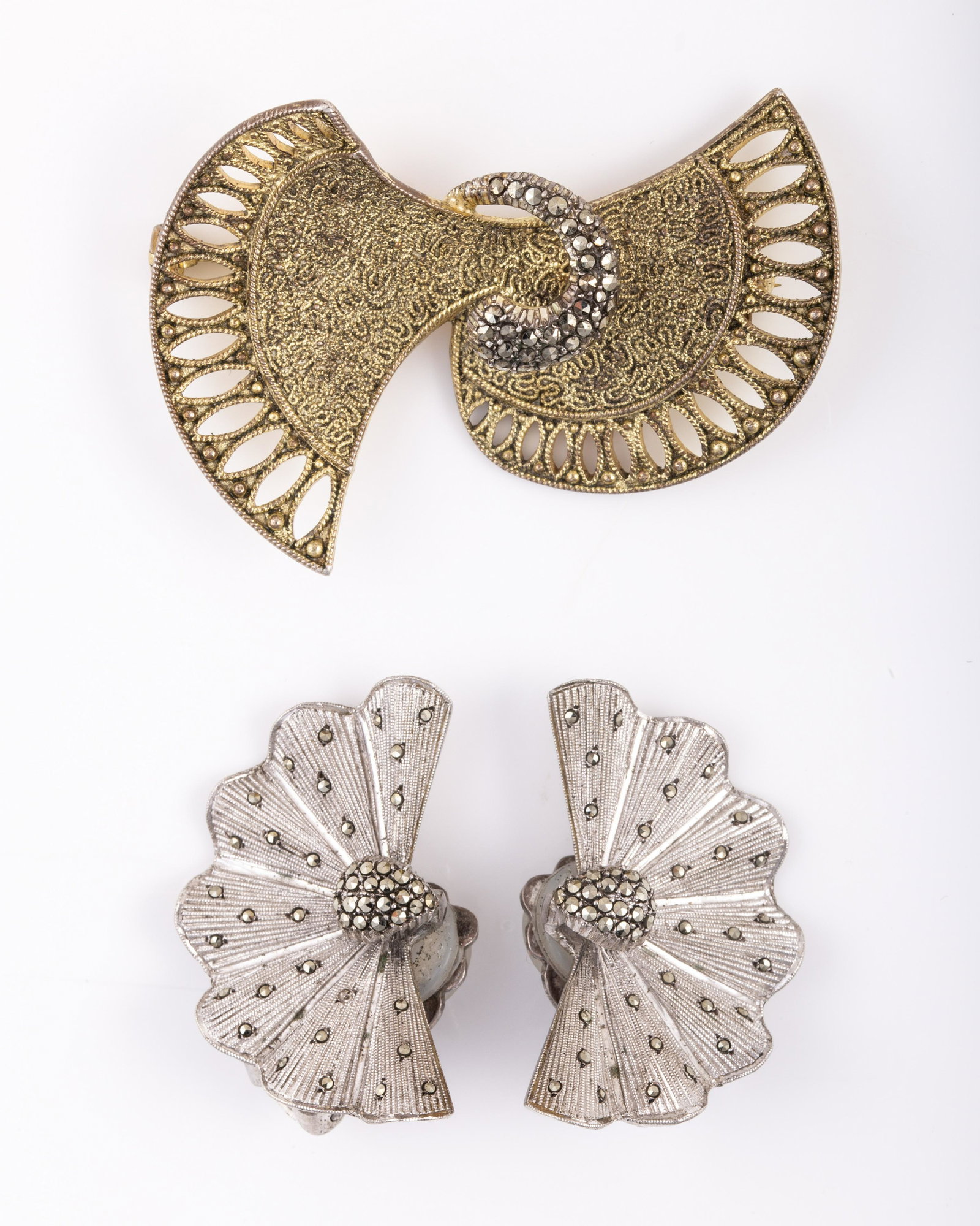 FAHRNER EARRINGS & BROOCH - STERLING: (1) vermeil sterling brooch with openwork double fan-form with granulation and beading, marcasite central element, reverse marked Original Fahrner TF 925, gilding losses to reverse, front has age-appr