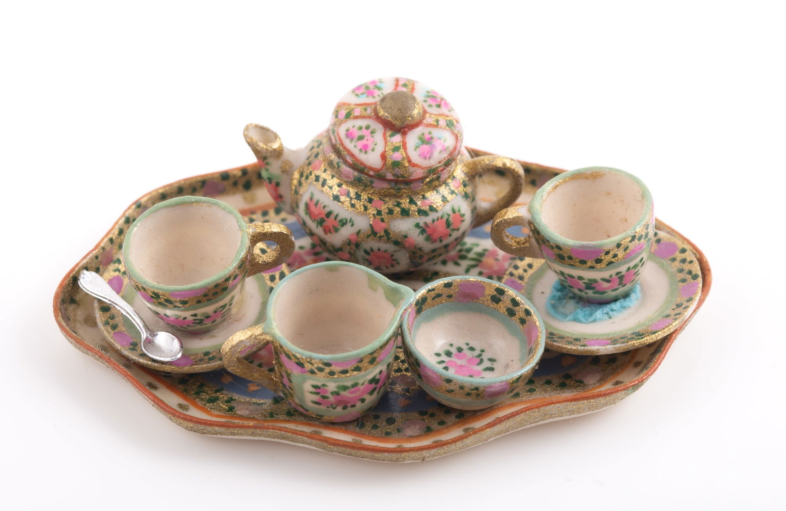 9 PC HAND PAINTED PORCELAIN DOLLHOUSE MINIATURE TEA SERVICE, INTRICATELY PAINTED - BOTTOM OF TEAPOT (1 of 3)