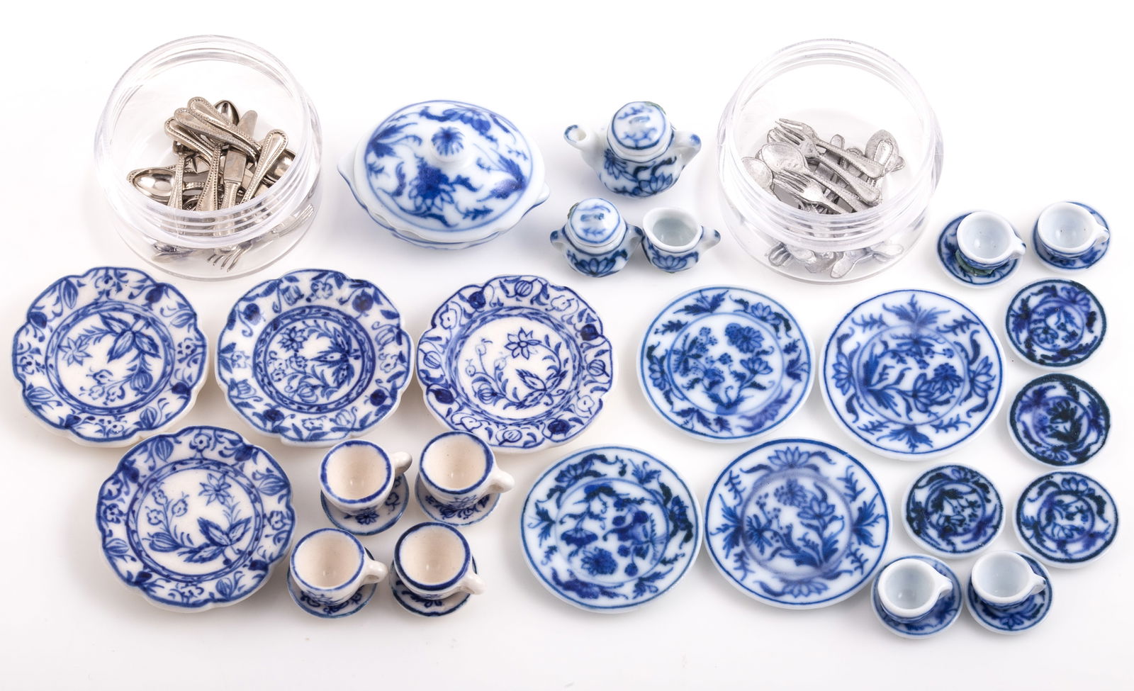 2 SETS BLUE TRANSFERWARE PORCELAIN DINNERWARE AND FLATWARE DOLLHOUSE MINIATURES (1 of 5)