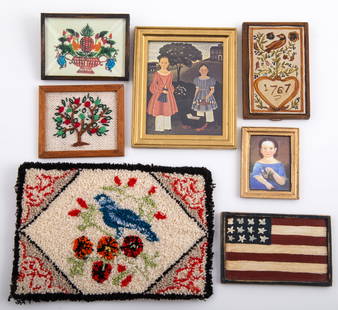 (7) DOLLHOUSE MINIATURE COUNTRY DÉCOR - WALL ART & RUG: (1) artisan stitchwork tree of life - framed - by Rose 1 5/8" x 2"; (2) framed prints under glass , 1 1/4" x 1 5/8" and 2 3/8" x 2 7/8"; (1) framed theorem (pin back) 1 1/2" x 2"; (1) painted American