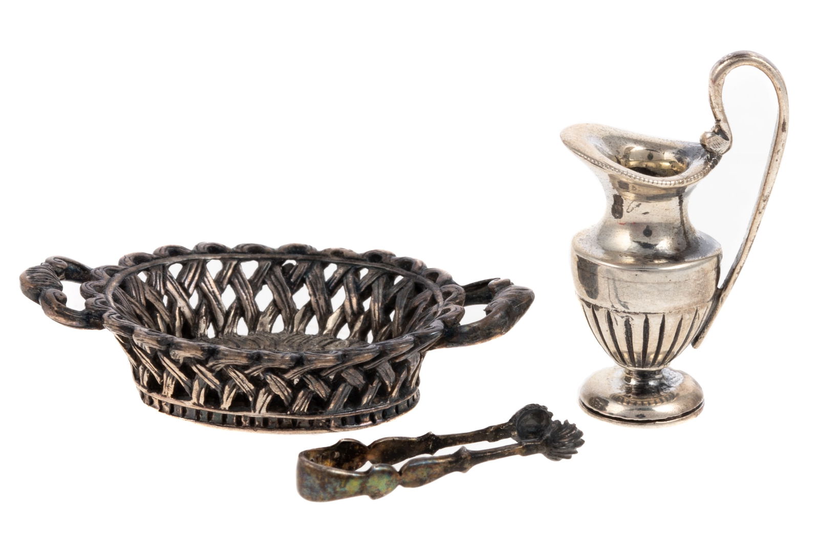 (3) STERLING BASKET, TONGS & PITCHER DOLLHOUSE MINIATURES (1 of 6)