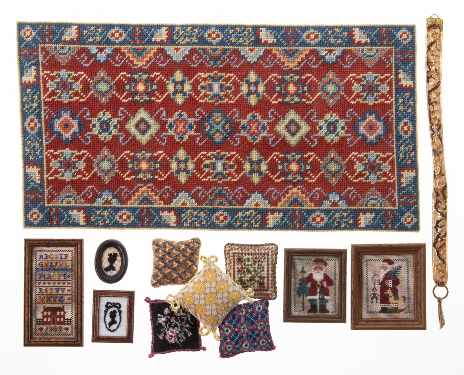 (12)DOLLHOUSE MINIATURE PETIT POINT RUG, PILLOWS, BELL PULL AND ART (1 of 5)
