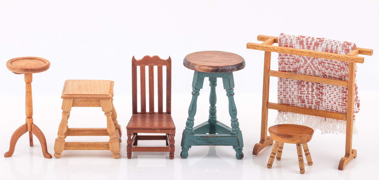 (7) PCS. ARTISAN MADE DOLLHOUSE MINIATURES:  STOOLS, ACCESSORIES (1 of 8)