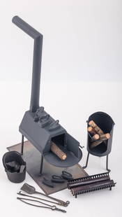 DOLLHOUSE WOODSTOVE & ACCESSORIES: metal woodstove with floor mat, coal bucket, wood bucket, 4) fireplace tools, 6) irons & EXtra wood logs. 5/8" - 6 1/8" VG - EX