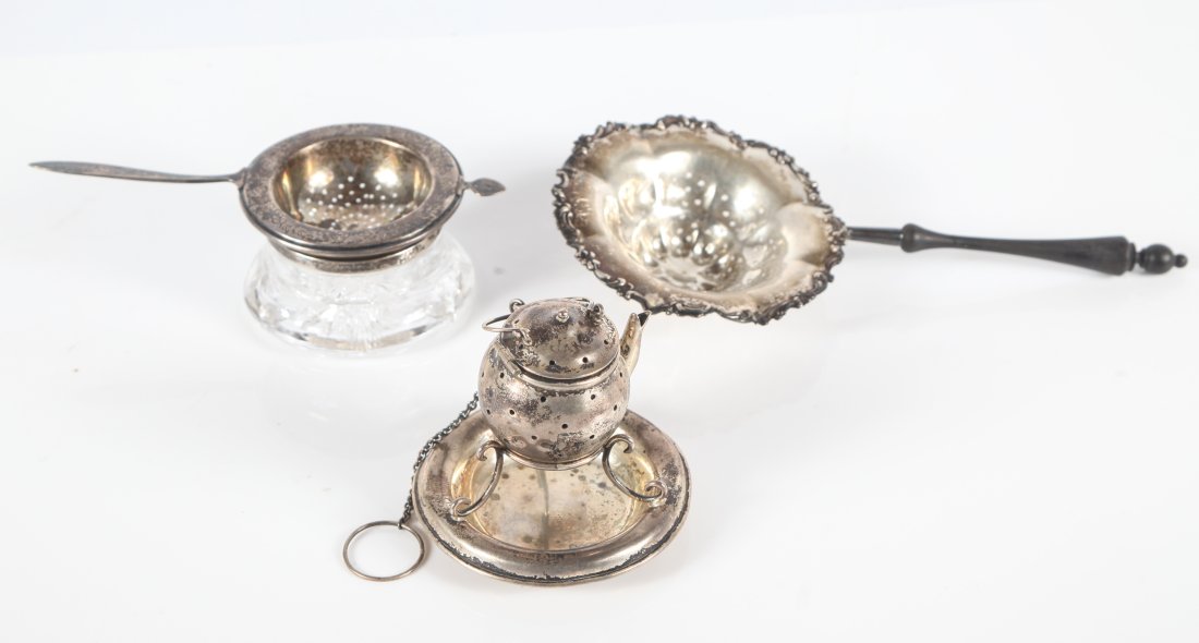 STERLING TEA BALL, (2) TEA STRAINERS, ETC. (1 of 20)
