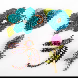 (4) BEADED COSTUME BROOCHES - MINDY LAM, ETC.: Includes: (1) rose-form pin, signed Lam, L-3 1/2"; (1) copper colored wire beaded dragonfly pin, unsigned, L-3"; (1) copper wire wrapped and blue beaded floral pin, signed Lam, L-3 1/2"; (1) blue