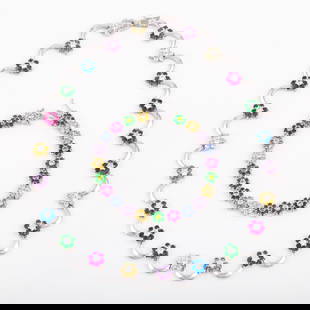 (2) PC. MATCHING RAINBOW RHINESTONE NECKLACE & BRACELET: Shiny silver tone necklace and bracelet each set with multi-colored rhinestone florets; bracelet has double safety catch, necklace has a single safety clasp; bracelet L-7 1/8"; necklace L-16 1/2", EX