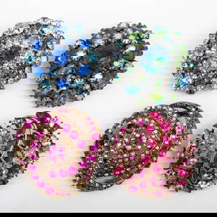(4) VINTAGE RHINESTONE BROOCHES: Includes: silver tone blue rhinestone dome-shaped brooch; (1) vintage dome shaped pin, set with blue/green ombre and AB rhinestones, has age; (1) gold tone pin with dark and light pink rhinestones