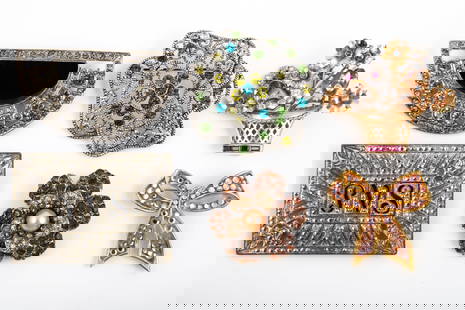 (6) VINTAGE RHINESTONE, ETC. BROOCHES: includes: (1) Art Deco silver tone metal with marcasite monogram pin (PVS), missing some marcasite; (1) Art Deco silver tone rhinestone pin with faux onyx half round; (1) gold tone ribbon pin with
