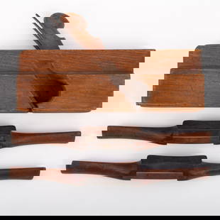EARLY WOODEN PLANE & (2) SPOKESHAVES: (1) D. E. Forest Birmingham signed molding plane, hand hewn wood; metal blade stamped "?sville" (otherwise illegible); made to produce a convex upward curve with a 1 3/4" wide blade; length 9 3/4";