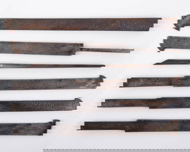 (6) STEEL MOLDING PLANE BLADES: 3/4Includes: (3) Sheffield W. Butcher;(1-heavy pitting); (2) F. G. Pearson, Sheffield (1-heavy pitting); (1) unmarked; longest L-8 3/4"; VG