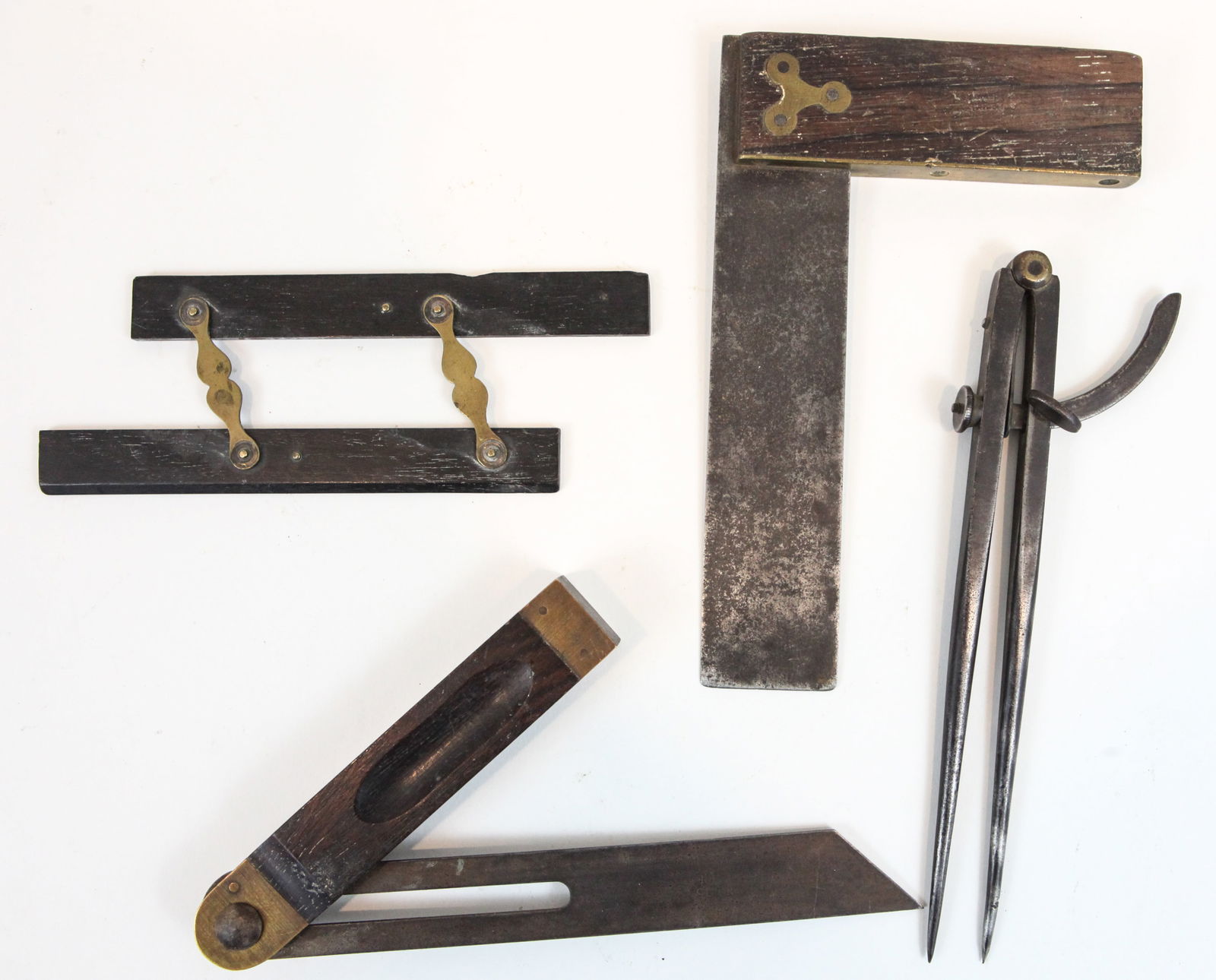 (4) CARPENTRY TOOLS:  (2) SQUARES, COMPASS, RULE (1 of 17)