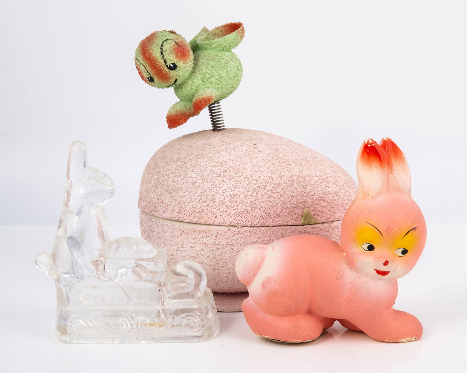 (3) VINTAGE EASTER CANDY CONTAINERS Glass, Papier Mache (1 of 6)