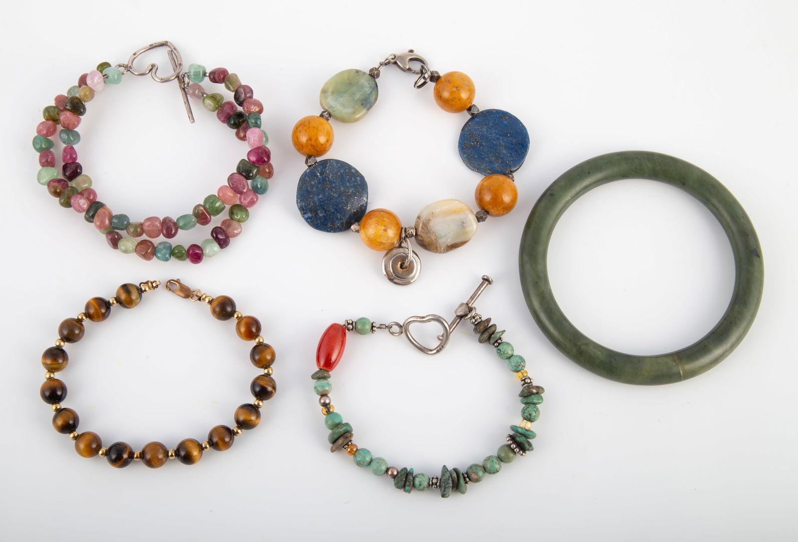 (5) STONE BRACELETS: (1) jade bangle, (4) beaded; L-7 1/2", VG-EX
