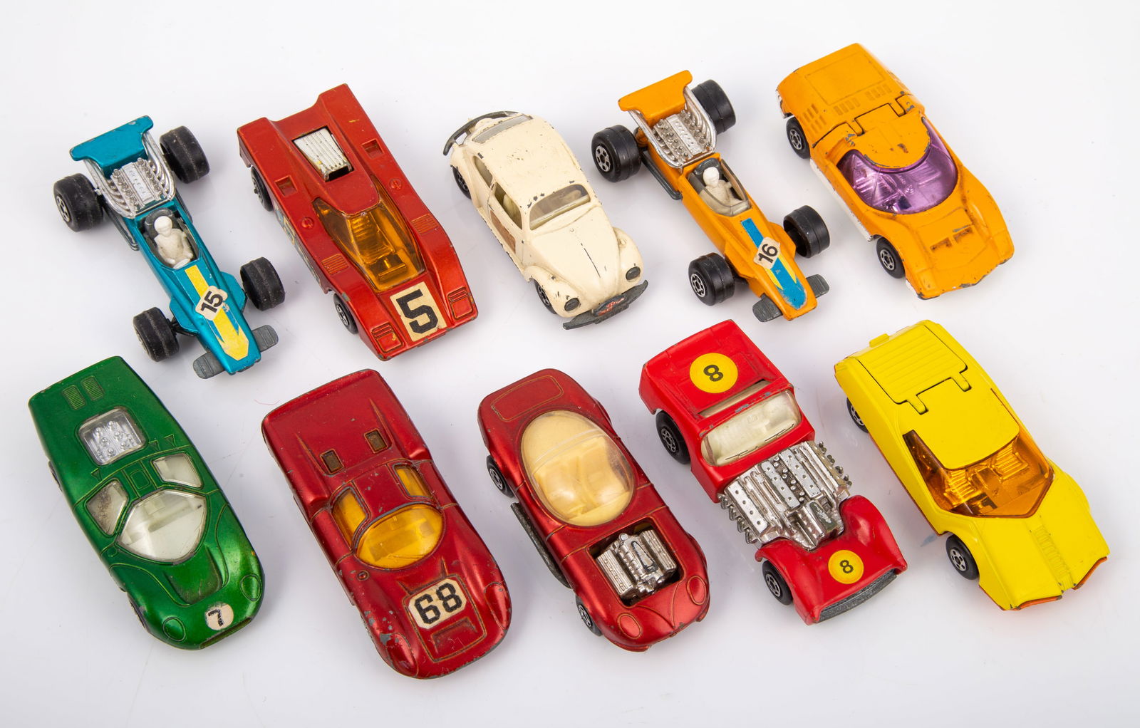 (10) 1970'S VINTAGE MATCHBOX DIECAST CARS: Includes: (1) Matchbox Series No. 15; 1968 Volkswagen 1500 Saloon Superfast; edge chips and some decal loss and wear; (1) Matchbox Series No. 45, Ford Group 6, 1969; minimal paint wear with plastic bu