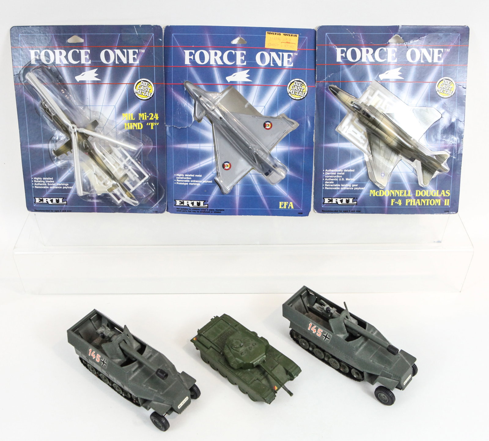 (6) DIE-CAST MILITARY VEHICLES, DINKY & ERTL: Includes: (2) Dinky 7.5 CM Tank Destroyers, (1) Dinky Supertoys Centurian Tank, (some paint loss on gun); (3) 1980's Ertl "Force One" military aircrafts in package; includes: (1) EFA- package has been