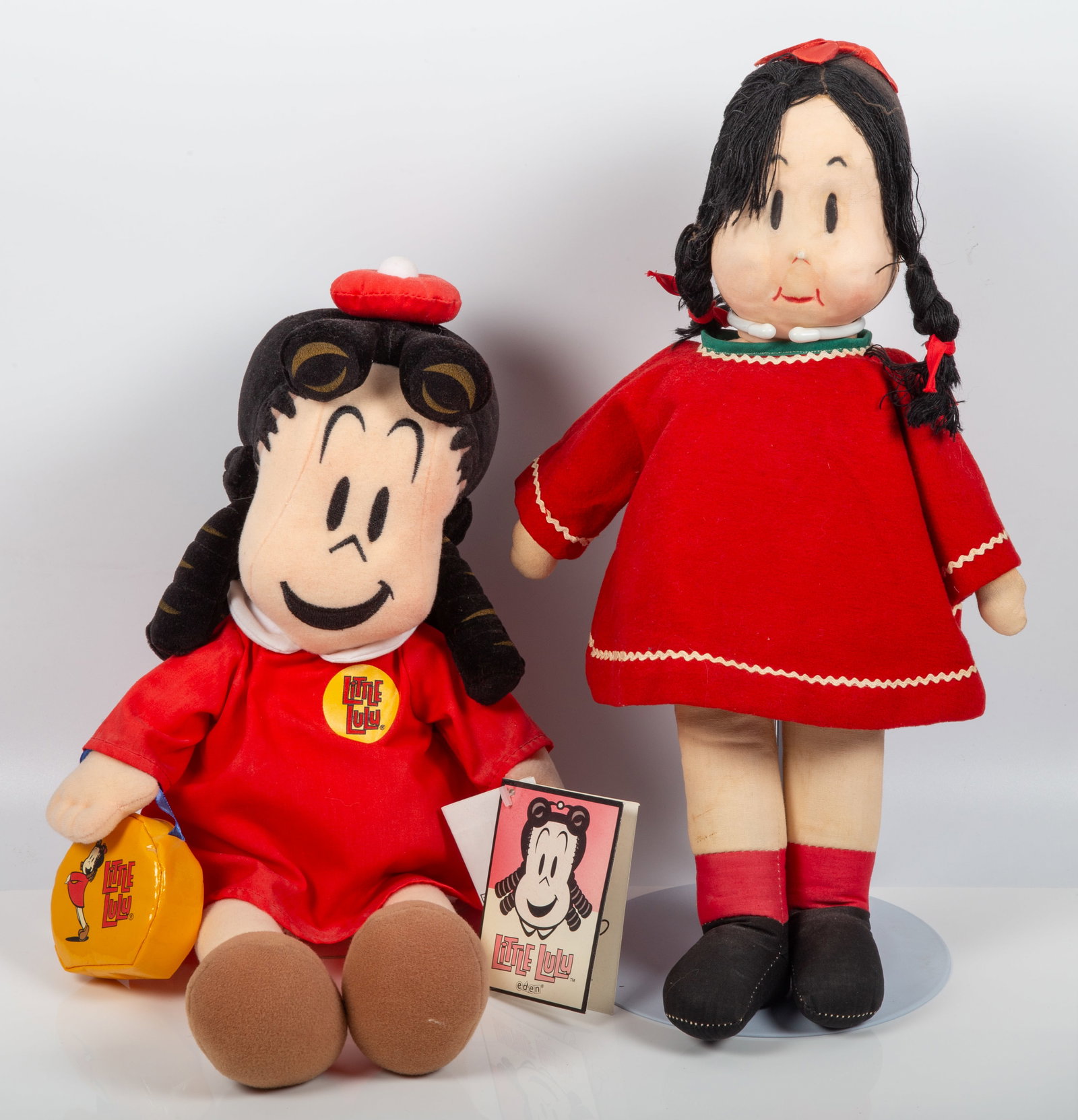 (2) CLOTH LITTLE LULU DOLLS - VINTAGE & CONTEMPORARY: (1) 1940's vintage fabric face and body doll, wearing red dress with white rick rack (re-dressed); face is in nice shape with minor nose rub and some minor discoloration; H-14", (1) Eden International