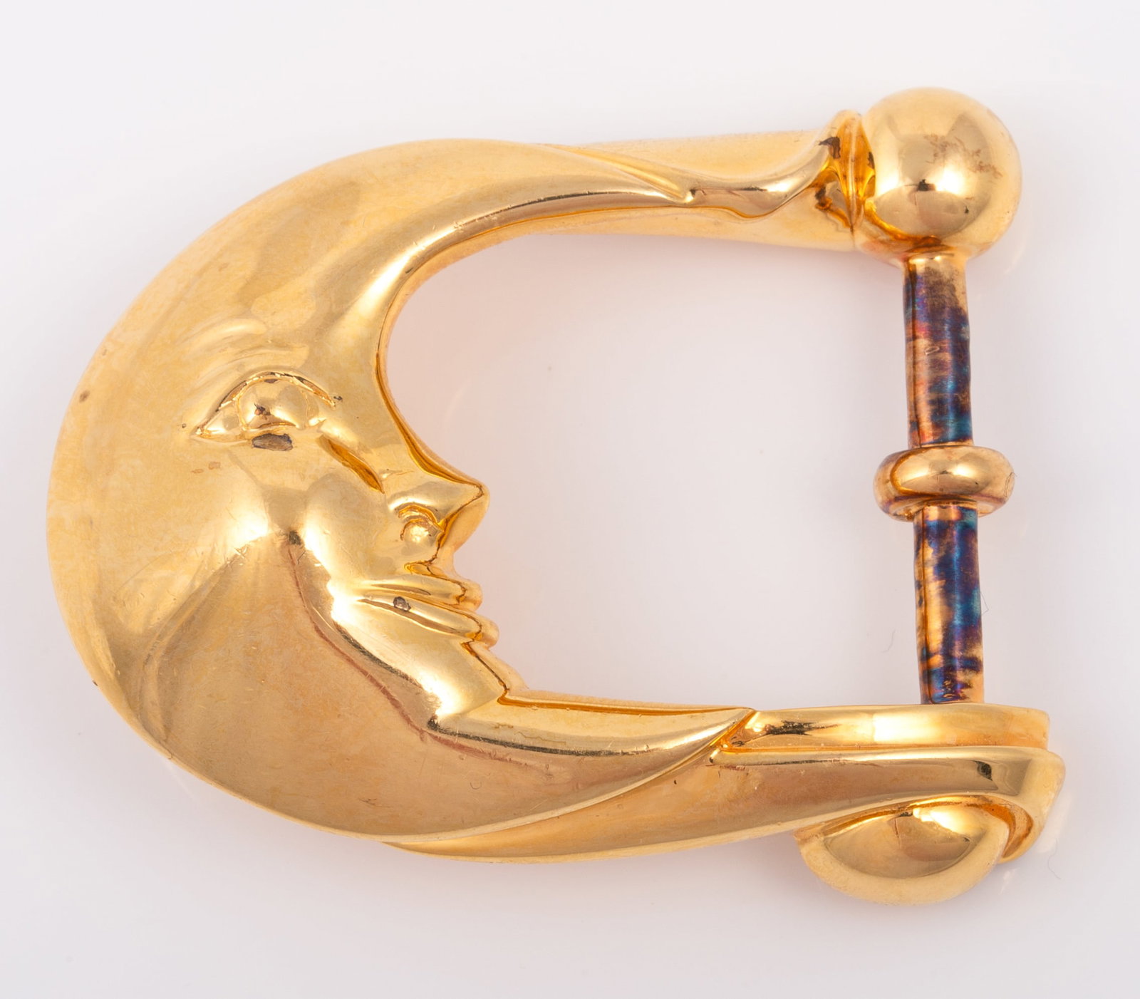 KIESELSTEIN CORD ART BRONZE MOON BUCKLE: gold tone buckle, man in the moon buckle; 2" long, accommodates a 1" wide belt, VG-EX