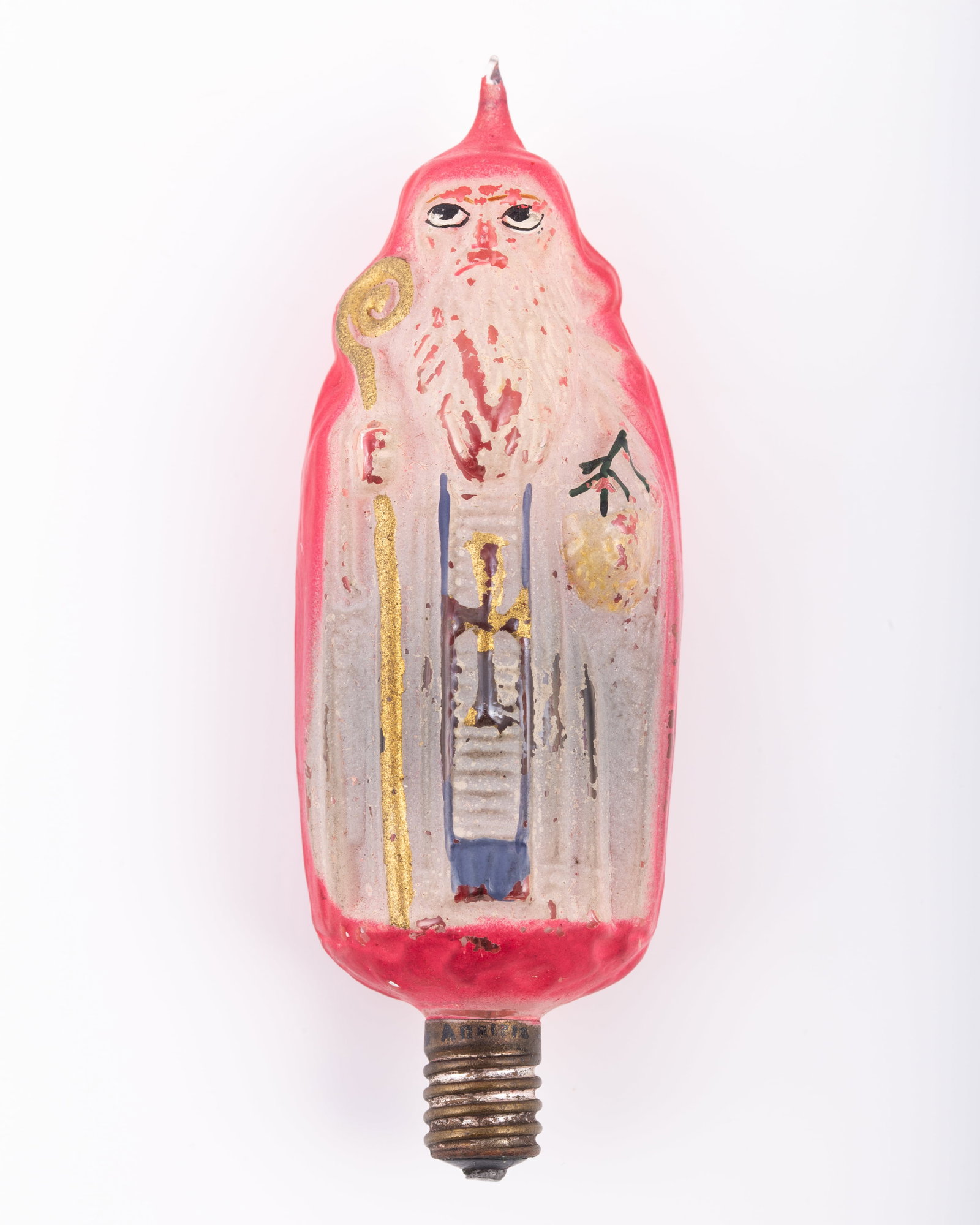 EARLY EXHAUST TIP SAINT PETER CHRISTMAS BULB: Figural Christmas bulb, painted glass, exhaust tip, very minor paint loss, has conductivity; L-3 3/8", VG
