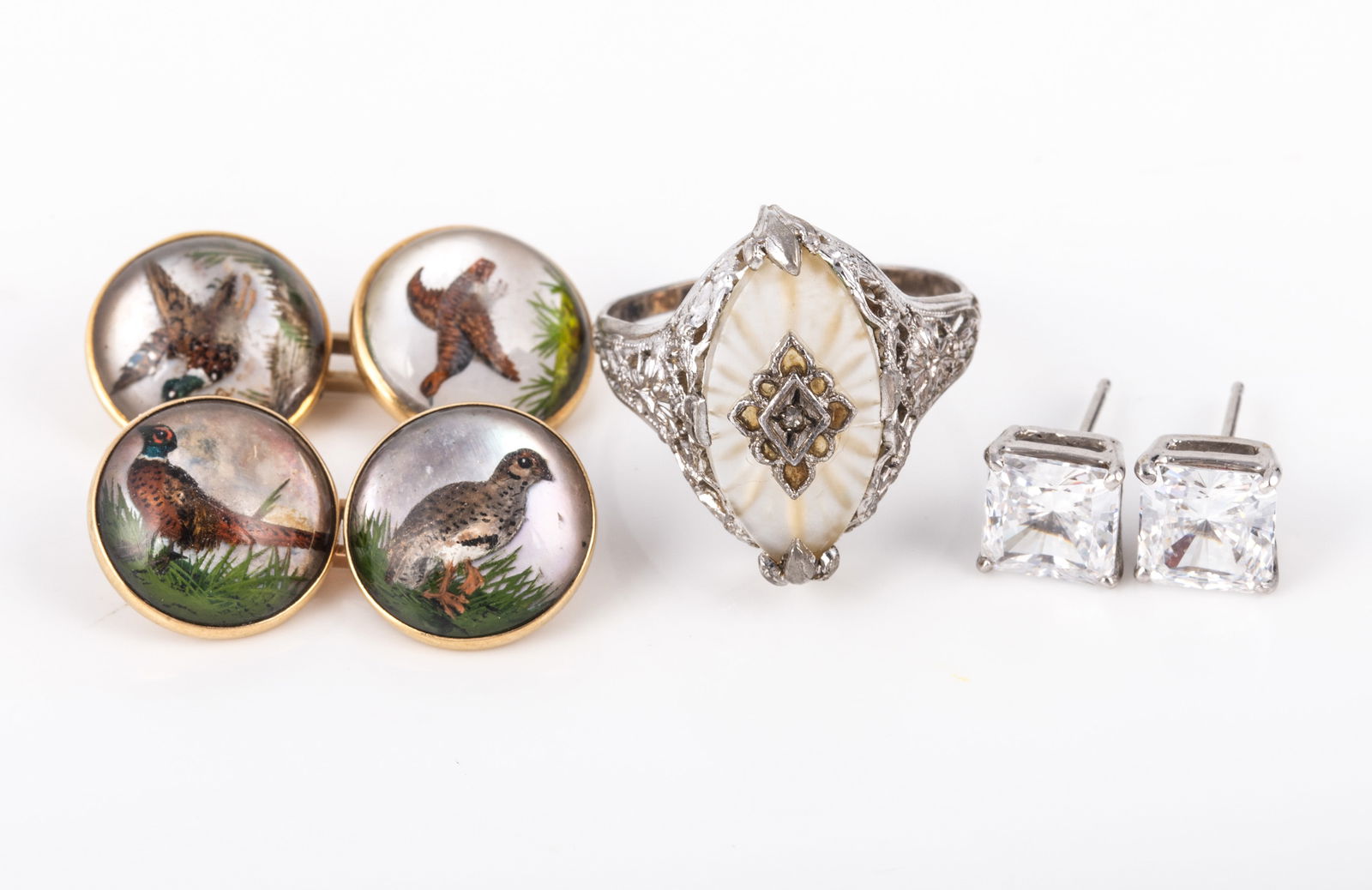 ANTIQUE RING, EARRINGS, GOLD REVERSE INTAGLIO CRYSTAL CUFFLINKS, ETC. (1 of 8)