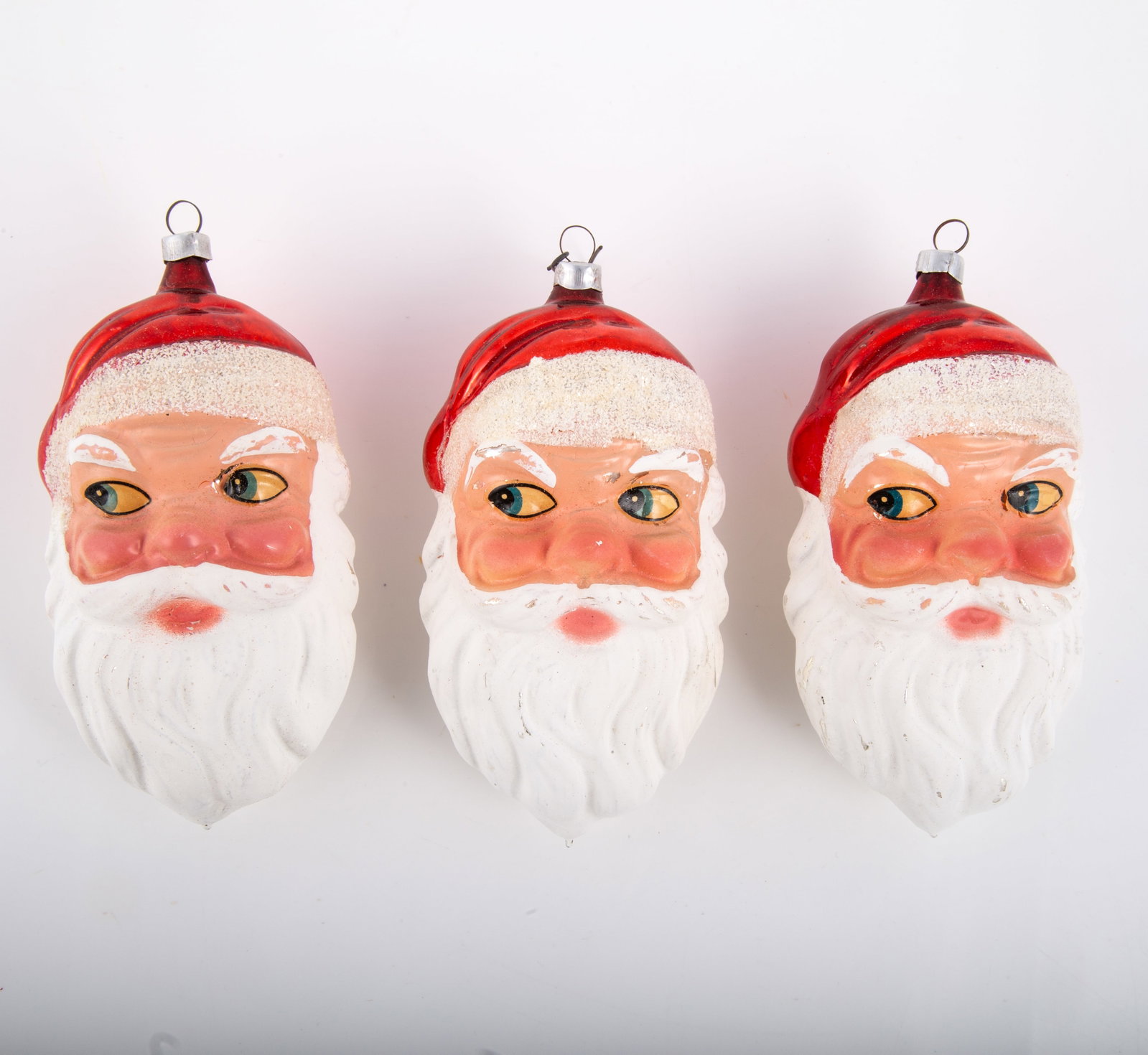 (3) VINTAGE GLASS SANTA ORNAMENTS: Hand blown Mercury glass Santa head ornaments, West Germany; painted faces; minimal paint loss; L-5", G-VG