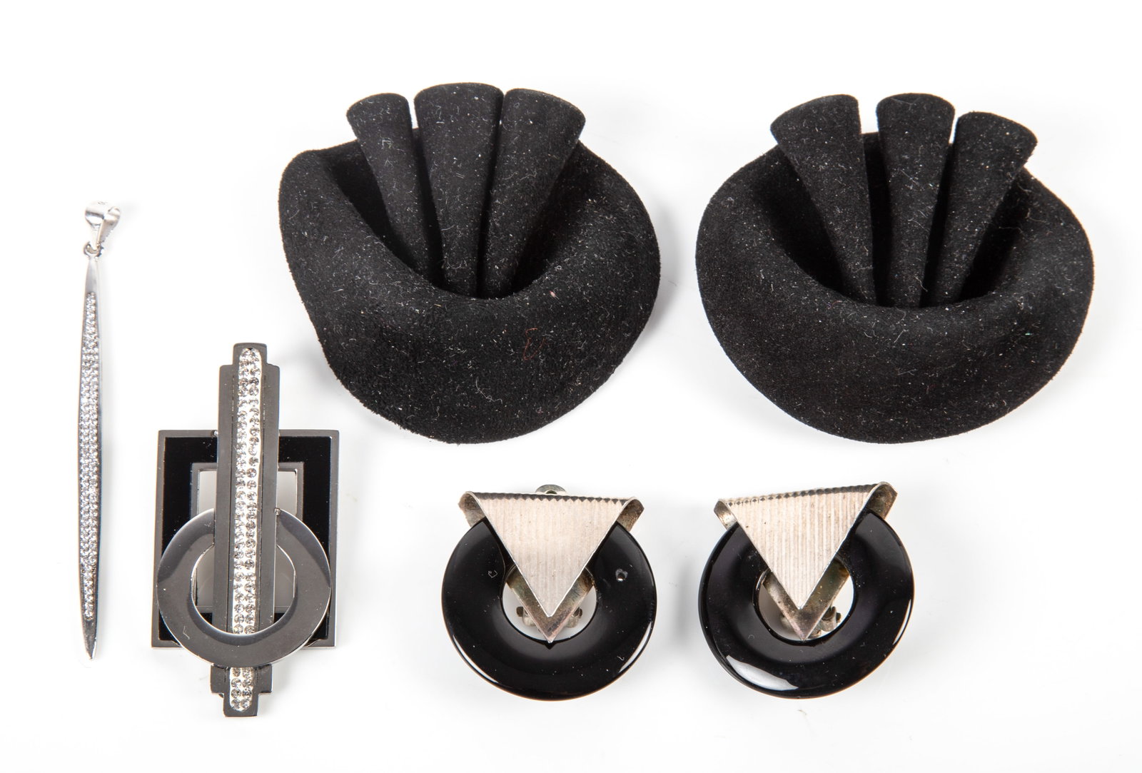 (4) PCS. ART DECO JEWELRY: (1) sterling and rhinestone drop, L-2 3/4", .07 ozt total; (1) silver tone enamel and rhinestone drop; (1) pair sterling and black glass clip earrings; (1) pair suede shoe clips, L-1 1/4", .5 ozt tota