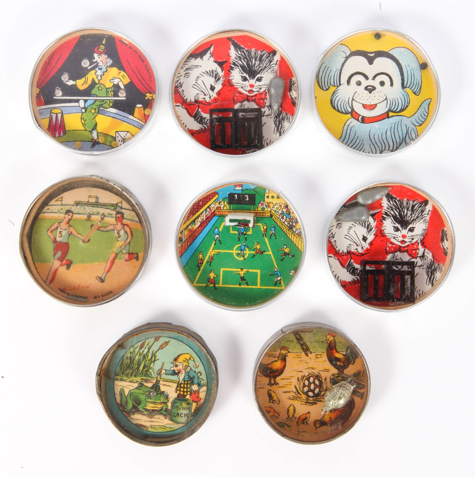 (8) ANTIQUE DEXTERITY PUZZLES / POCKET MIRRORS: Mostly German, includes: (2) cat and mouse themed, both with pocket mirror backing; (1) Football theme with pocket mirror back; (1) frog and elf (charming but case has been opened, no marble, no backi