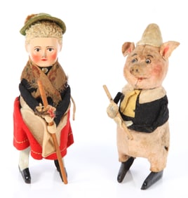 (2) SCHUCO FIGURES: BAVARIAN WOMAN & PIG with FLUTE