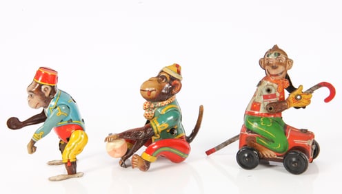 (3) GERMAN TIN MONKEY WIND-UP TOYS - KOHLER & HOEFLER
