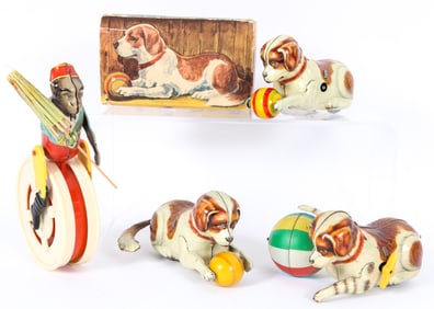 (4) WIND-UP GERMAN TIN ANIMALS: KOHLER DOGS & MONKEY