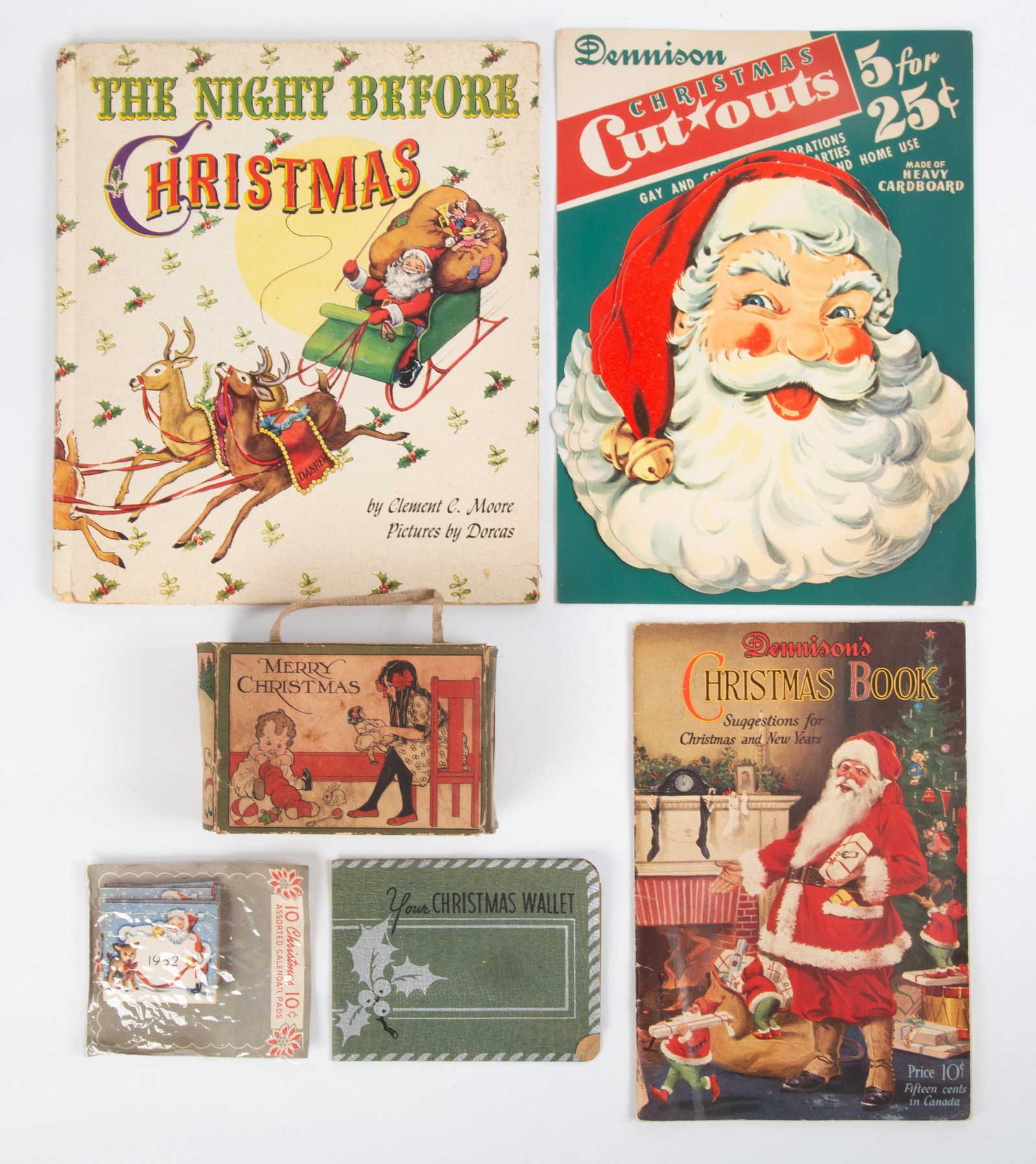 (13) PCS. VINTAGE CHRISTMAS PAPER EPHEMERA: Cardboard and paper litho; (1) "Your Christmas Wallet" 3260B A&W USA; (1) 10 cent Dennison's 26th edition Christmas book; (1) Dennison Christmas Santa cut-outs, four out of five remaining, original 5 