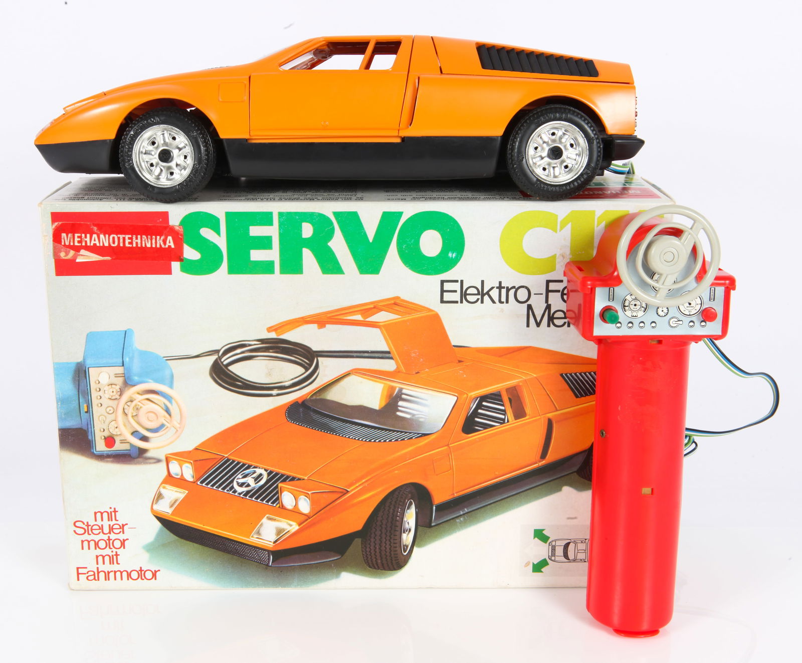 SCHUCO SERVO CIII MERCEDES TOY - ORIGINAL BOX: Battery op; remote control; made in Yugoslavia; plastic; remote steering; starting, stopping, forward and reverse; not tested but appears new in box; never used; box: 11" x 7 1/4" x 3" high; EX-NM