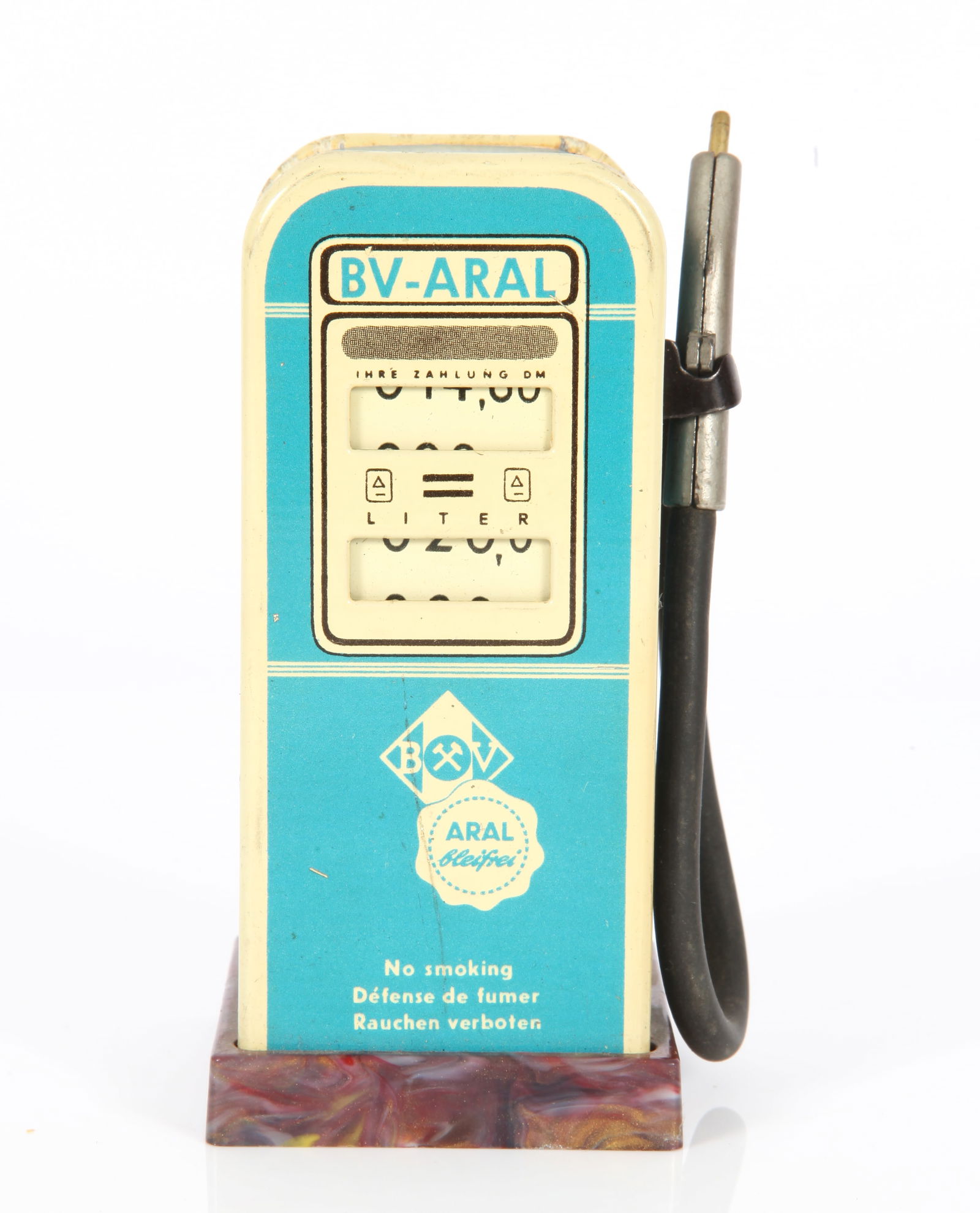 SCHUCO PHANOMENAL TANK 5506: Lithographed tin gas pump - BV-ARAL, battery op (untested); plastic base; very minor wear and blemishes, L-3 3/4", VG-EX