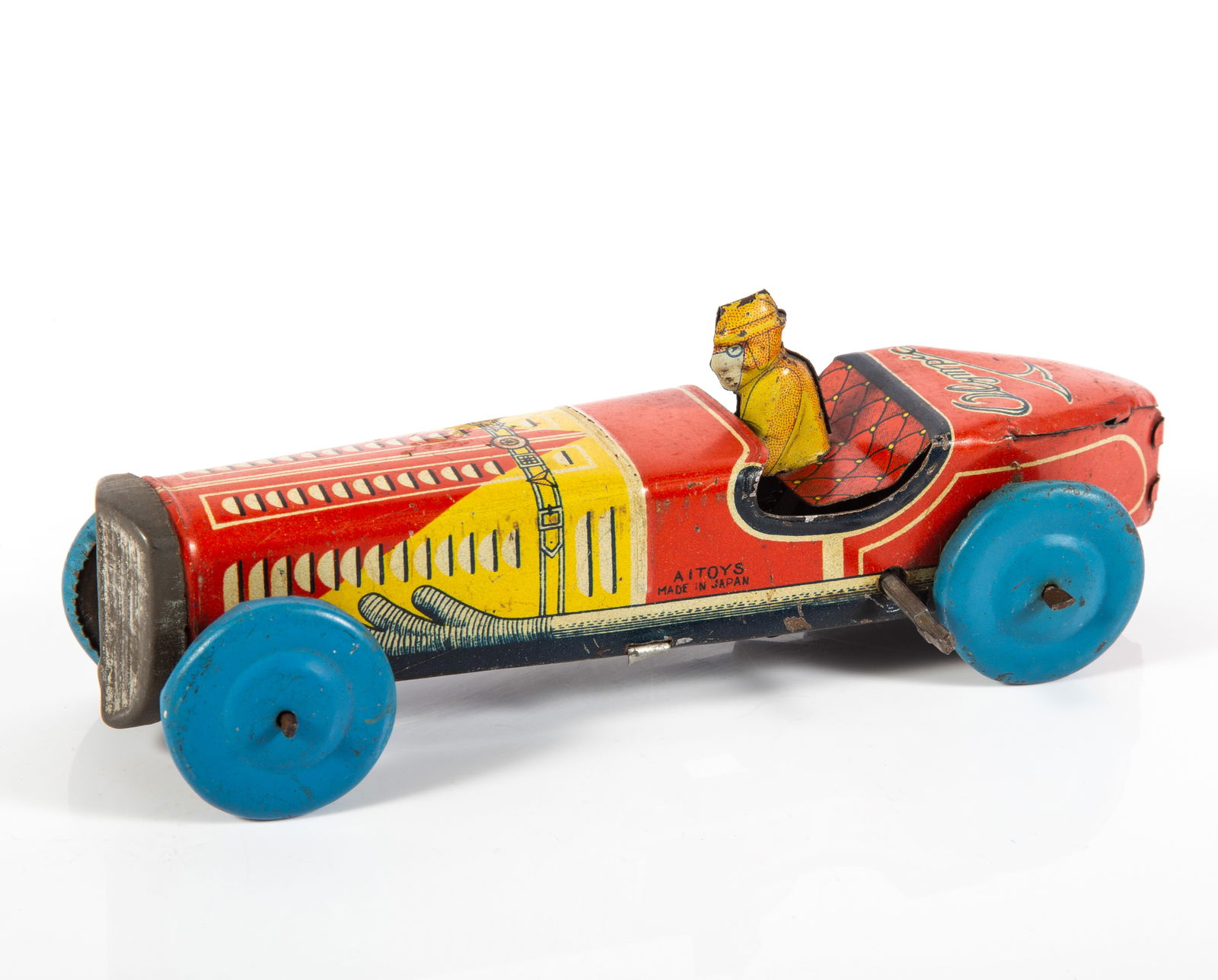 A. I. PRE-WAR JAPAN WIND-UP OLYMPIC RACE CAR: Colorful litho tin racer, clockwork mechanism works; some wear to litho, minor scratches, stains, grille darkened, bright plating loss, L-6 1/4", G-VG