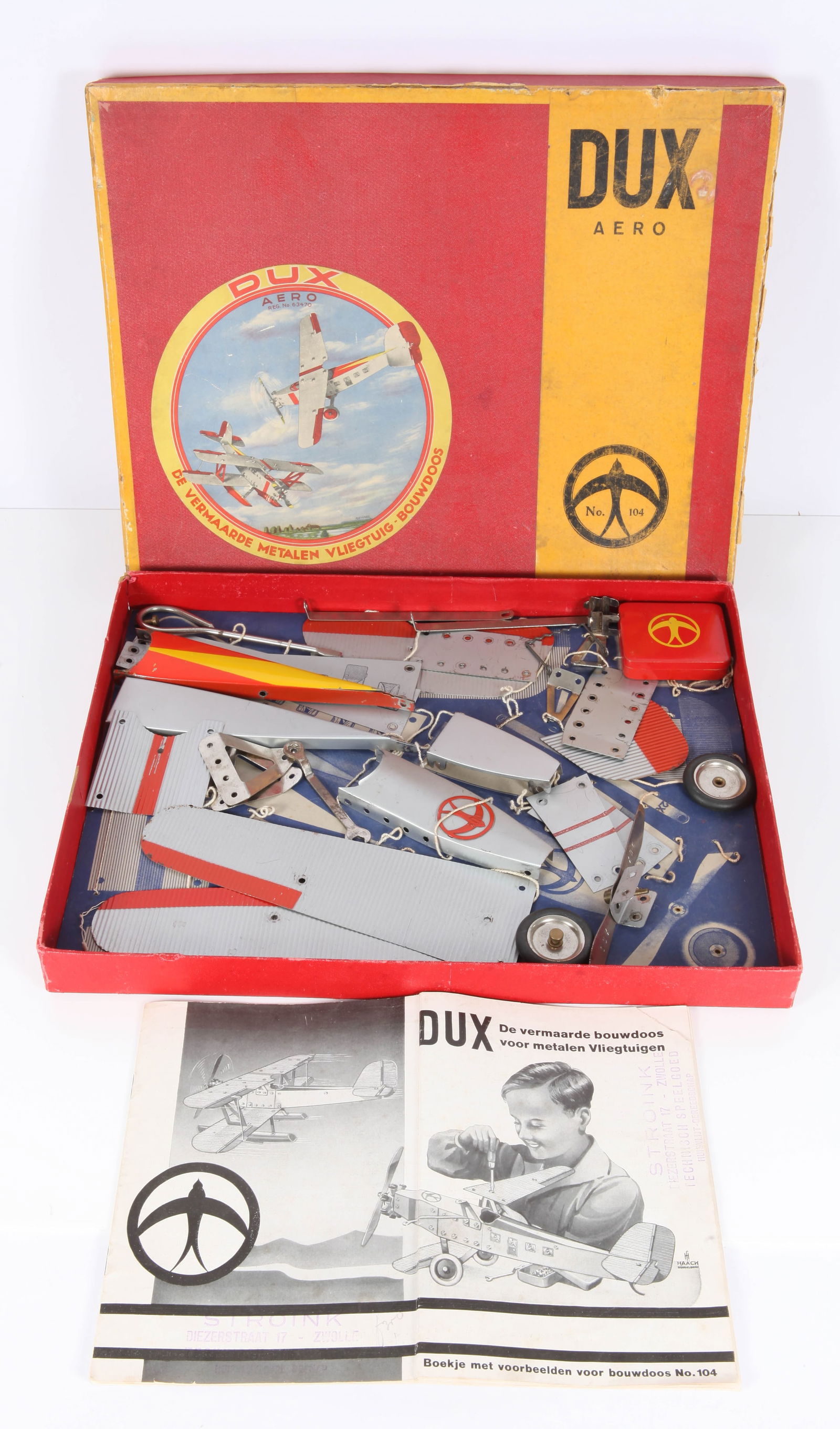 VINTAGE DUX AERO AIRPLANE KIT - ORIGINAL BOX: #104 German; mostly complete, we noticed (1) piece missing; instructions included; box is in pretty good shape, has some edge wear; 11 1/4" x 14 1/2" x 1 1/4" high; G-VG