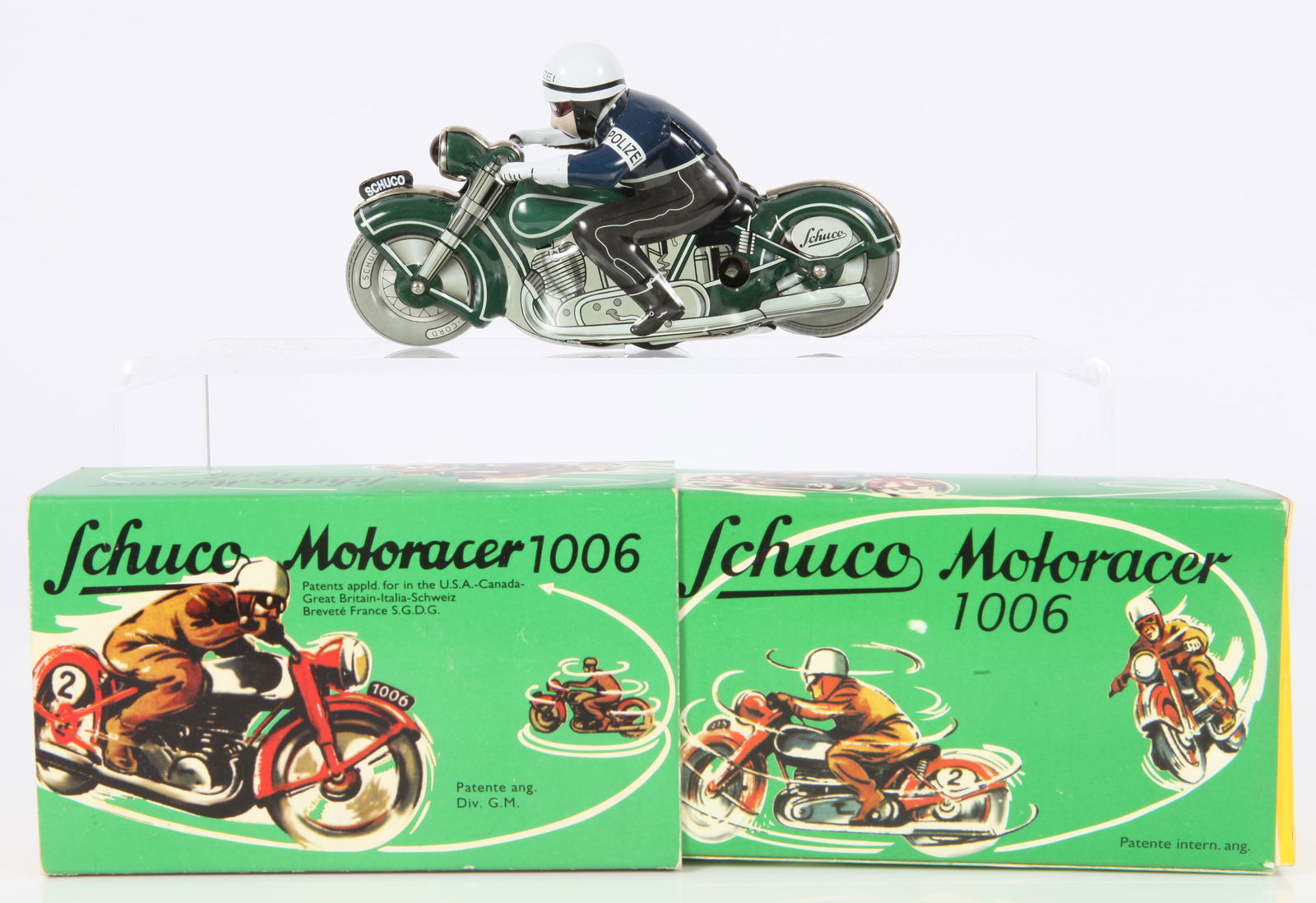 SCHUCO MOTORACER POLICEMAN TOY 1006 - ORIGINAL BOX: Tin litho, wind-up, German; like new but does not include key; works; L-5", VG-EX