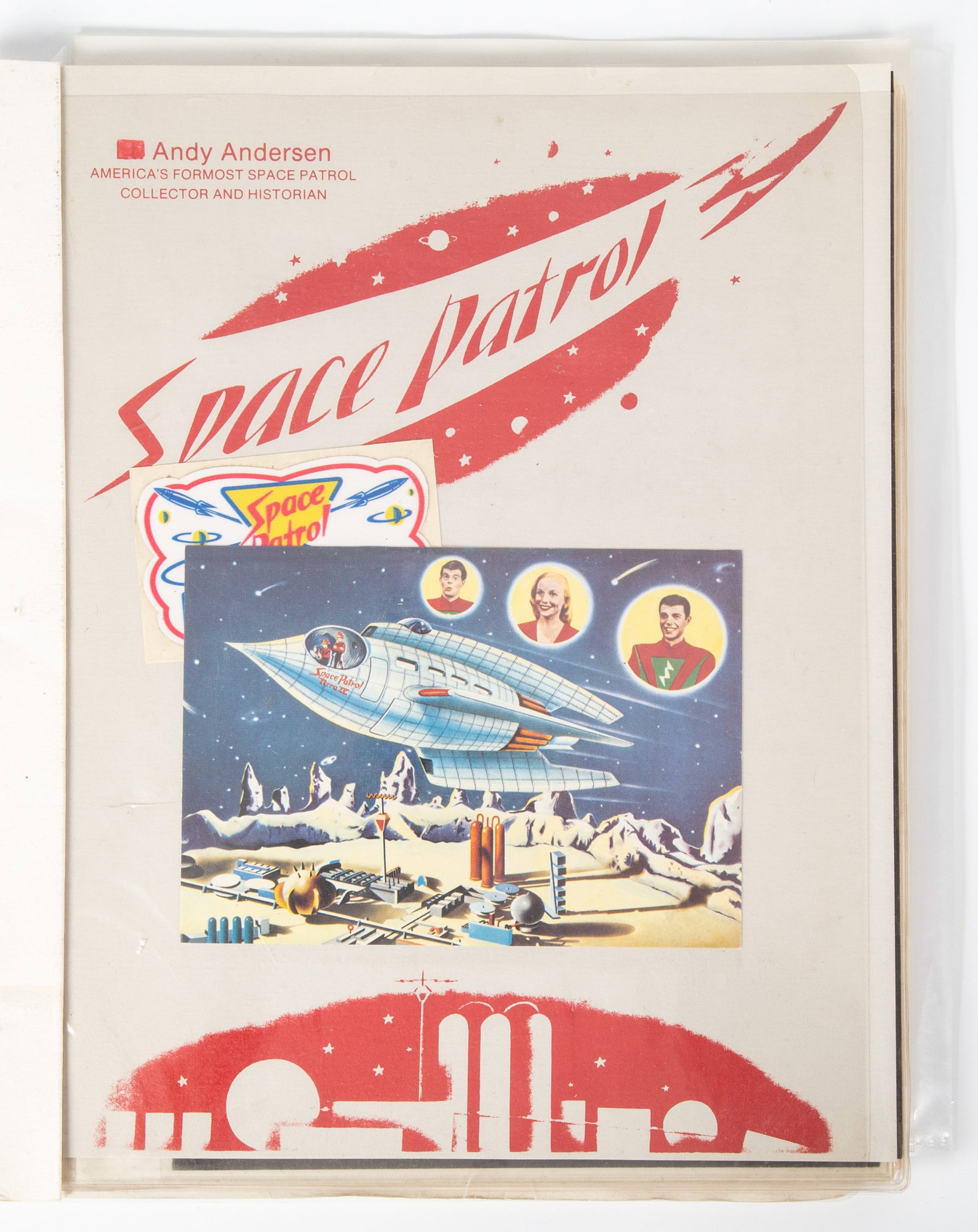 SPACE PATROL PAPER EPHEMERA: Napkins, sticker, planet credits, Space Patrol #840 program by Mike Moser; photograph by Jasper Nutter; Space-O-Gram letterhead, etc., largest 8 1/2" x 11", VG-EX
