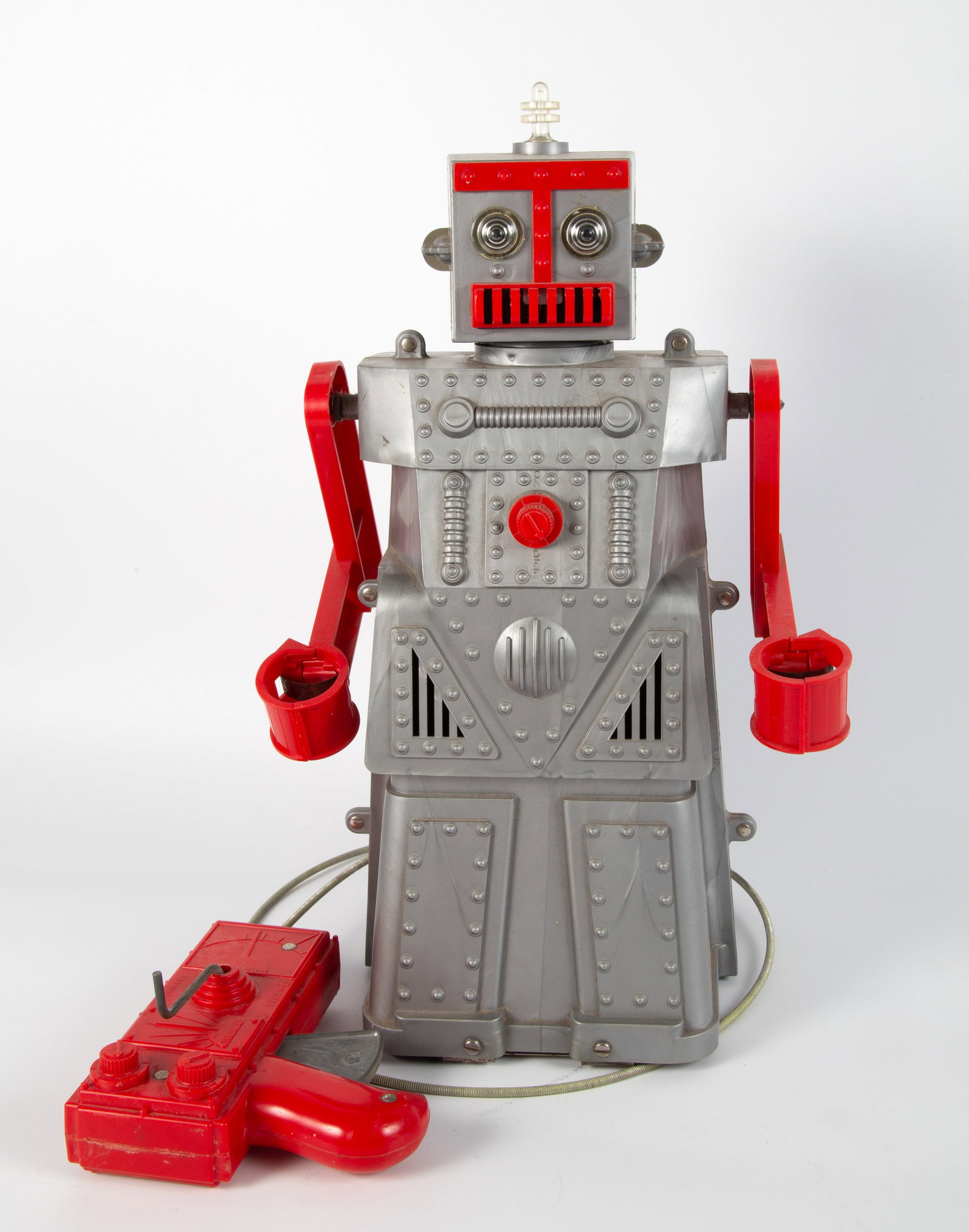 VINTAGE IDEAL ROBERT THE ROBOT: hard plastic, remote control; battery op lights; comes with set of directions; lights and remote both work; normal wear; H-14", G-VG