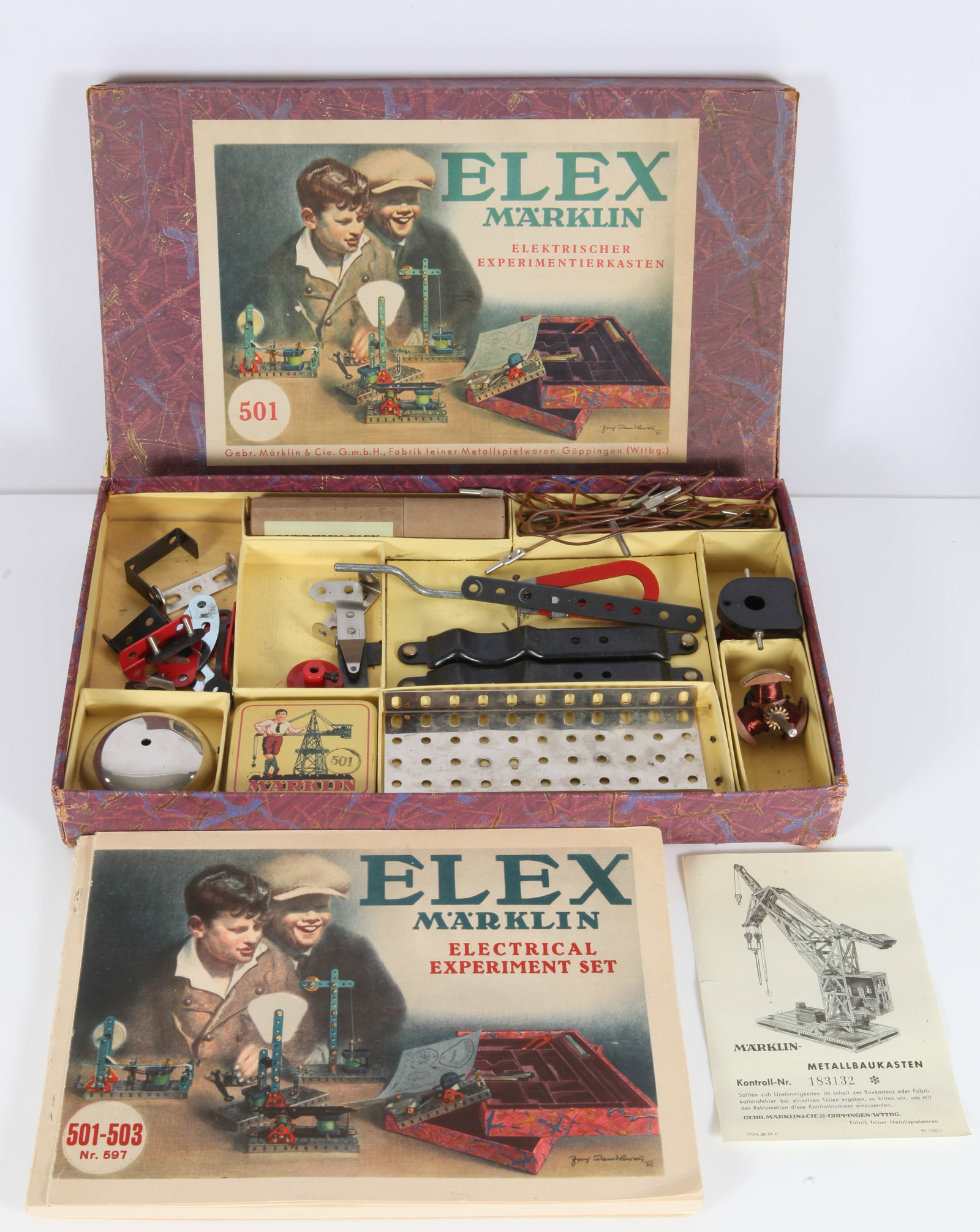VINTAGE MARKLIN ELECTRICAL EXPERIMENT SET - ORIGINAL BOX: Germany #501, with instruction manual Nr. 597 (501-503) includes several original pieces, however it is not complete; please review photos carefully; box and manual have some wear and tear but general