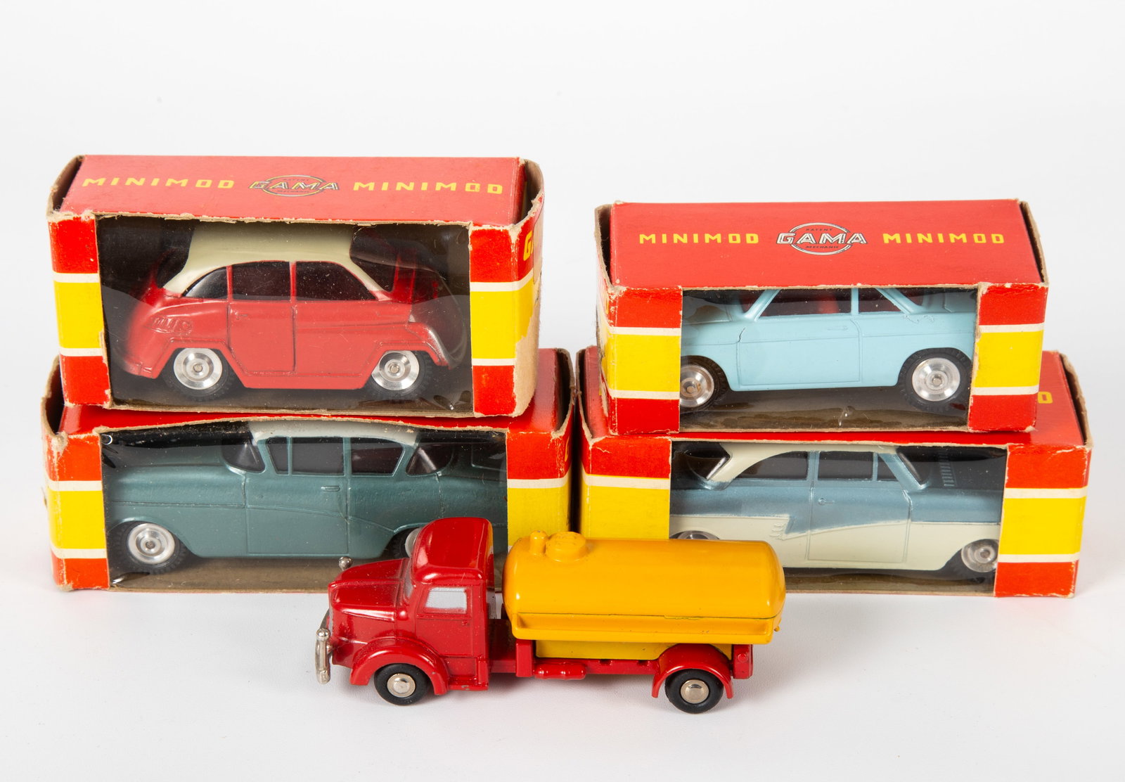 GAMA & SCHUCO DIE-CAST VEHICLES (5): (1) Schuco Piccolo Krupp #763 diecast tanker truck; (1) Gama Mini-Mod #907 BMW 600 with original box, box has litho loss on end flap; (1) Gama Mini-mod Opel Rekord #902 with original box (number stick