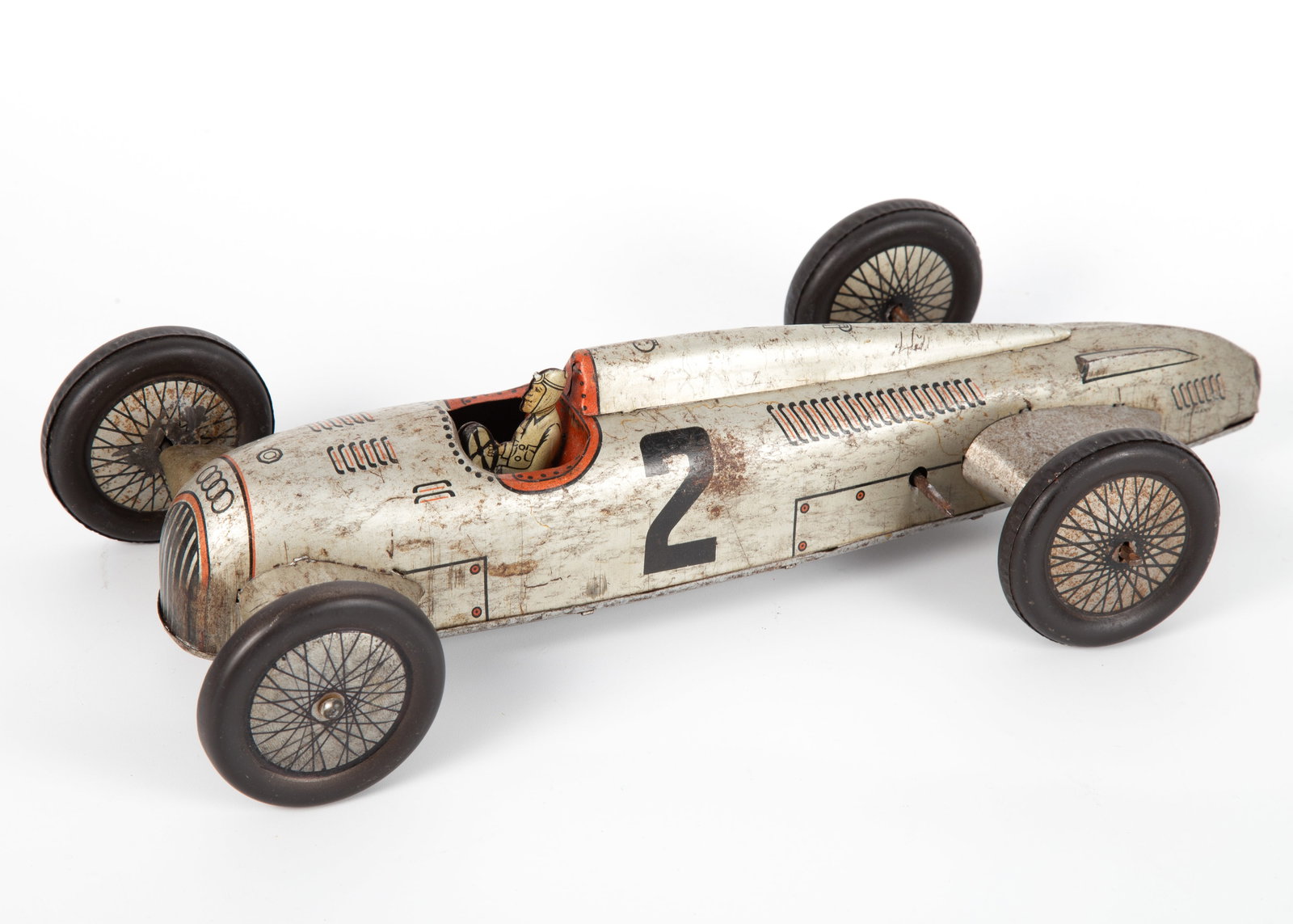 JNF AUTO UNION RENNWAGEN #2 RACE CAR - WIND-UP: Tin litho race car, clockwork mechanism works; moderate to heavy litho wear, oxidation, overall retains driver; L-12 3/4", G-G+