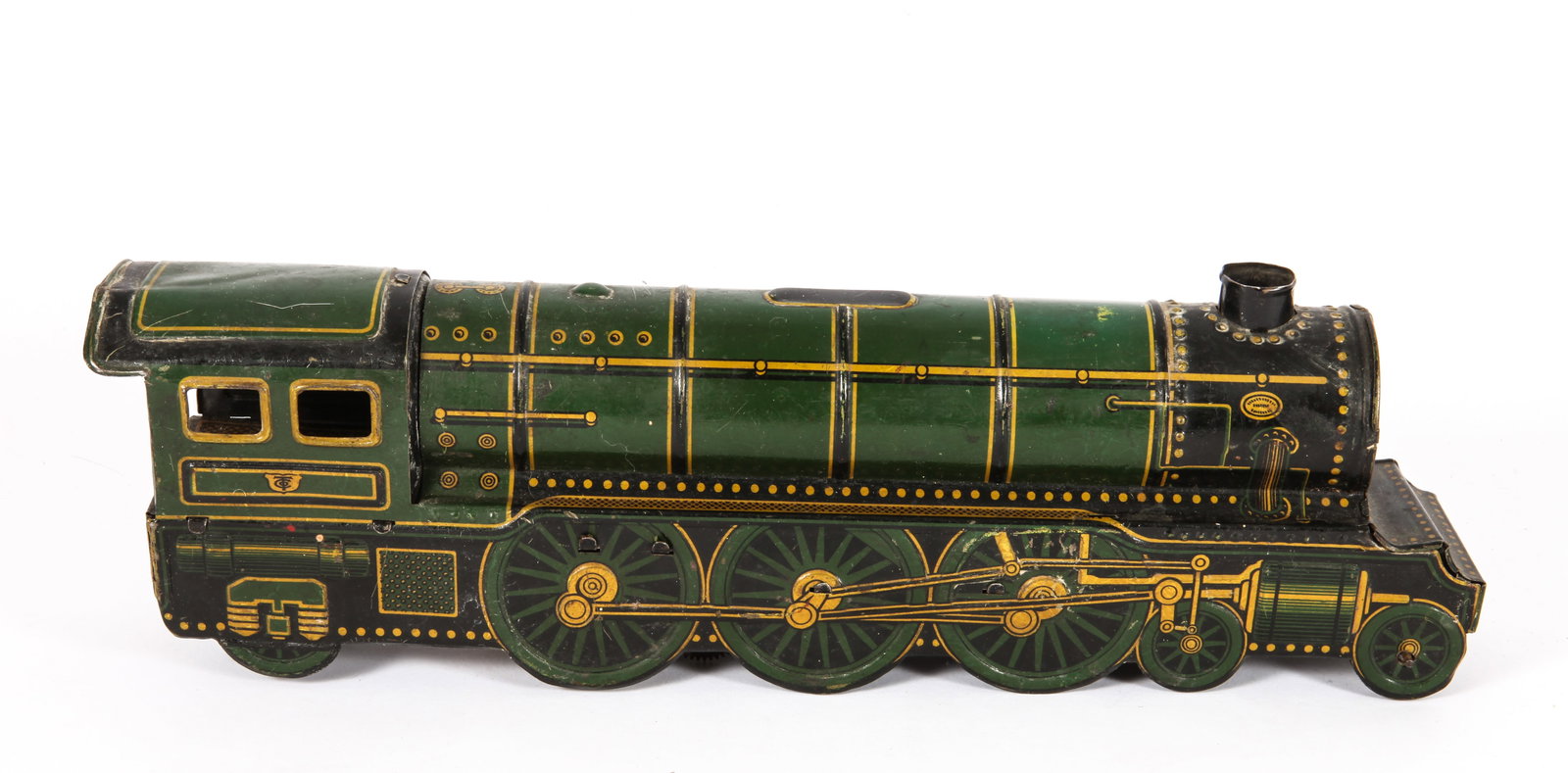 RARE TIPP CO TIN LITHO CLOCKWORK LOCOMOTIVE: Litho tin engine, clockwork mechanism works, bellows / squeaker present but not working; metal surface textured, possibly from bubble wrap; L-12 1/4", G-G+