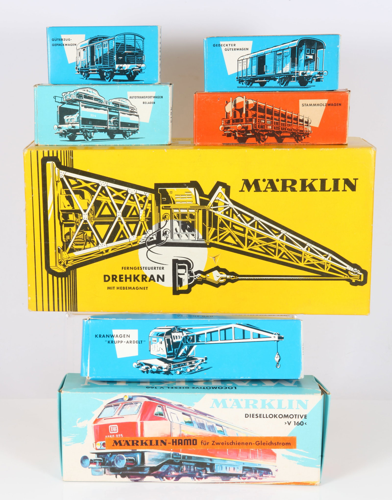 MARKLIN HO 8375 ENGINE, 4600 SERIES CARS, 7051 CRANE (7) PCS. - ORIGINAL BOXES: Includes: (1) 8375 Diesel Locomotive, Marklin - Hamo, retains paperwork; (1) Marklin 7051 crane in original box; appears unused; (1) 4600 Goods train luggage guard's va; (1) 4605 closed goods van; (1)