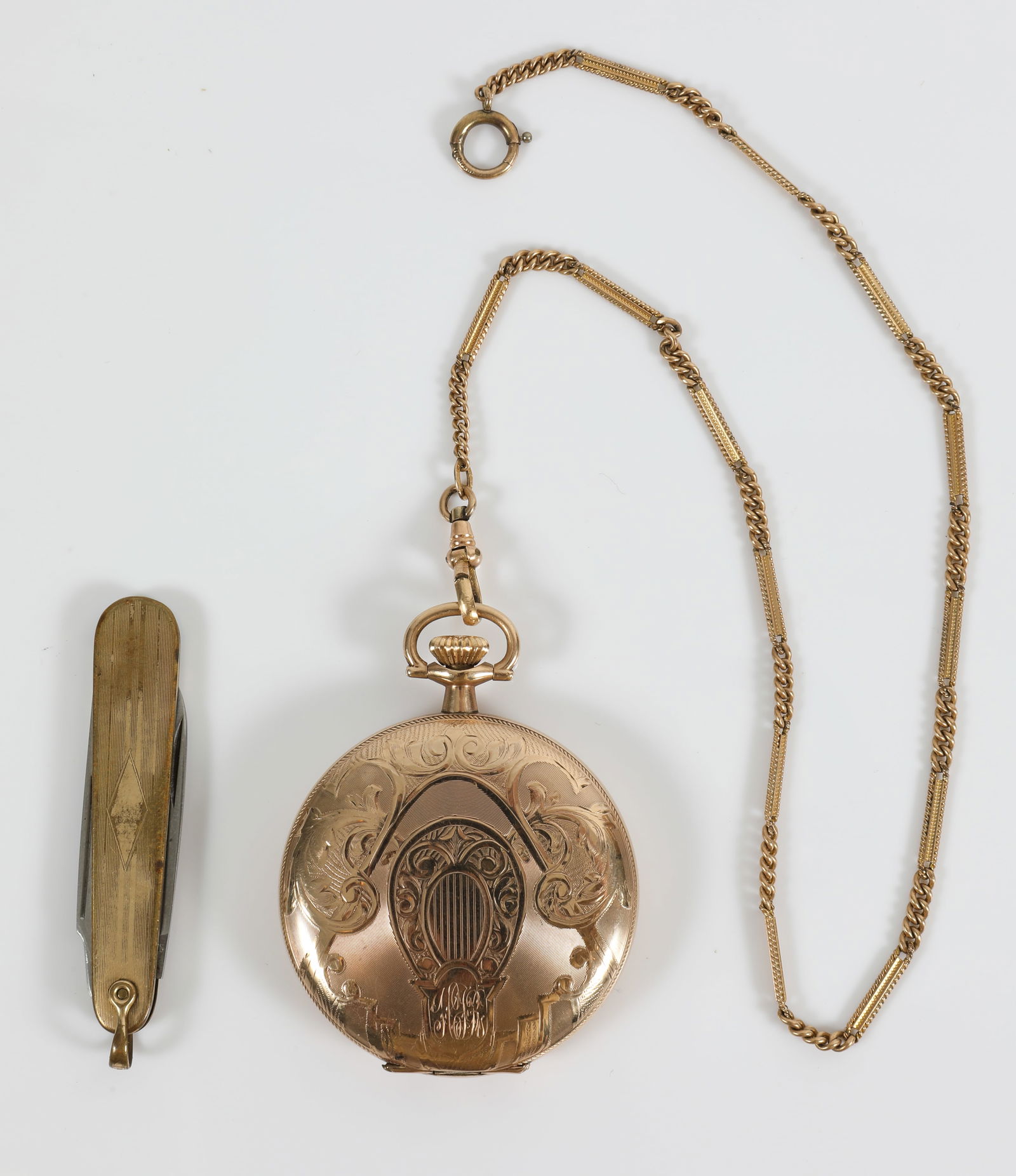 ELGIN GOLD FILLED POCKET WATCH, CHAIN & PENKNIFE (1 of 11)