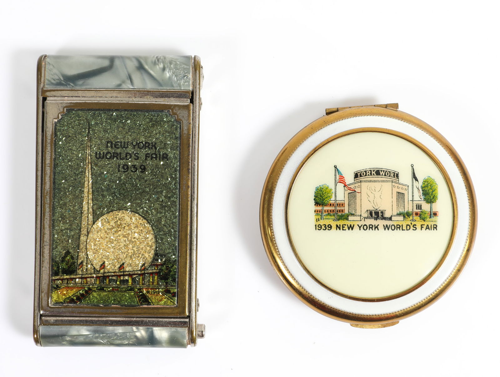 (2) 1939 NEW YORK WORLDS FAIR COMPACTS: (1) Girey Kamra-Pak vanity case: faux grey mother of pearl exterior with sparkling "confetti" panel featuring Perisphere & Trylon iconic structures; interior features well for loose powder and rouge;