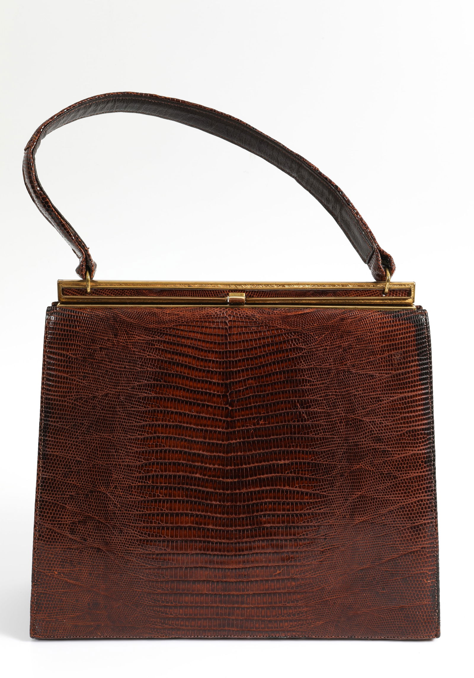 VINTAGE BELLSTONE ALLIGATOR PURSE: 1940's, gold tone clasp, brown leather, clean interior; little to no wear; 9" x 10" without handle; VG-EX