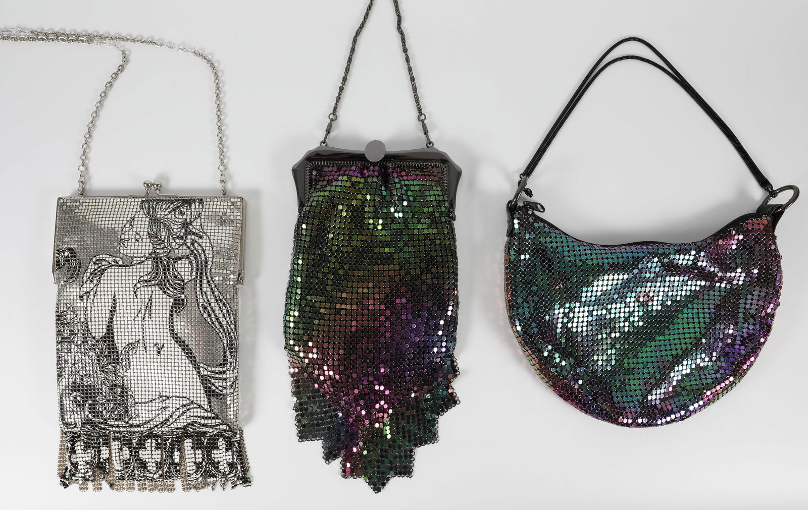 (3) CONTEMPORARY MESH BAGS: (1) silver and white with nude image; Whiting and Davis; (2) metallic multi-color; L-10 1/2" - 13"; EX-NM