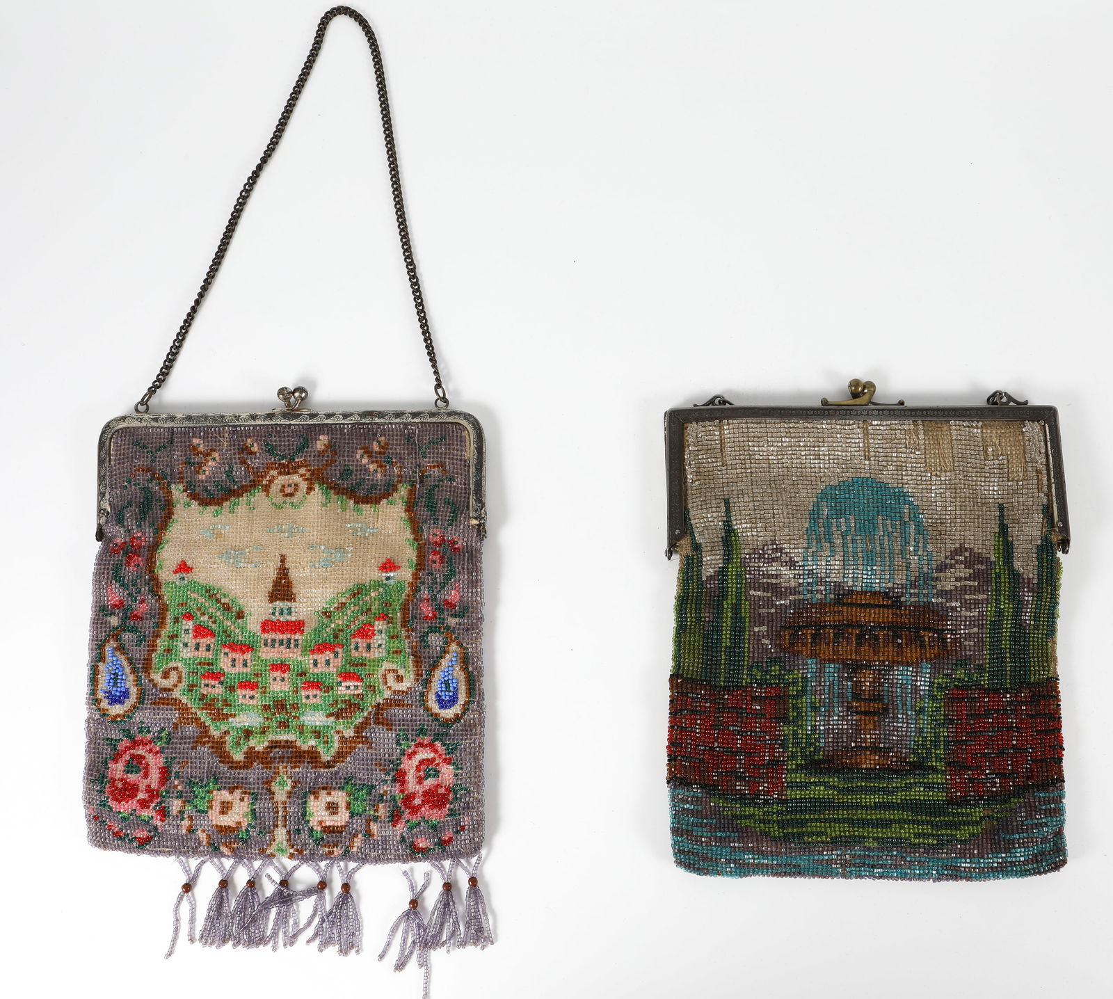 (2) SCENIC VINTAGE BEADED HANDBAGS: (1) vintage handbag with poly chrome beaded depiction of a fountain and garden scene; silver tone frame / closure; square silver tone frame with repeating floral motif; interior lined with simple pock