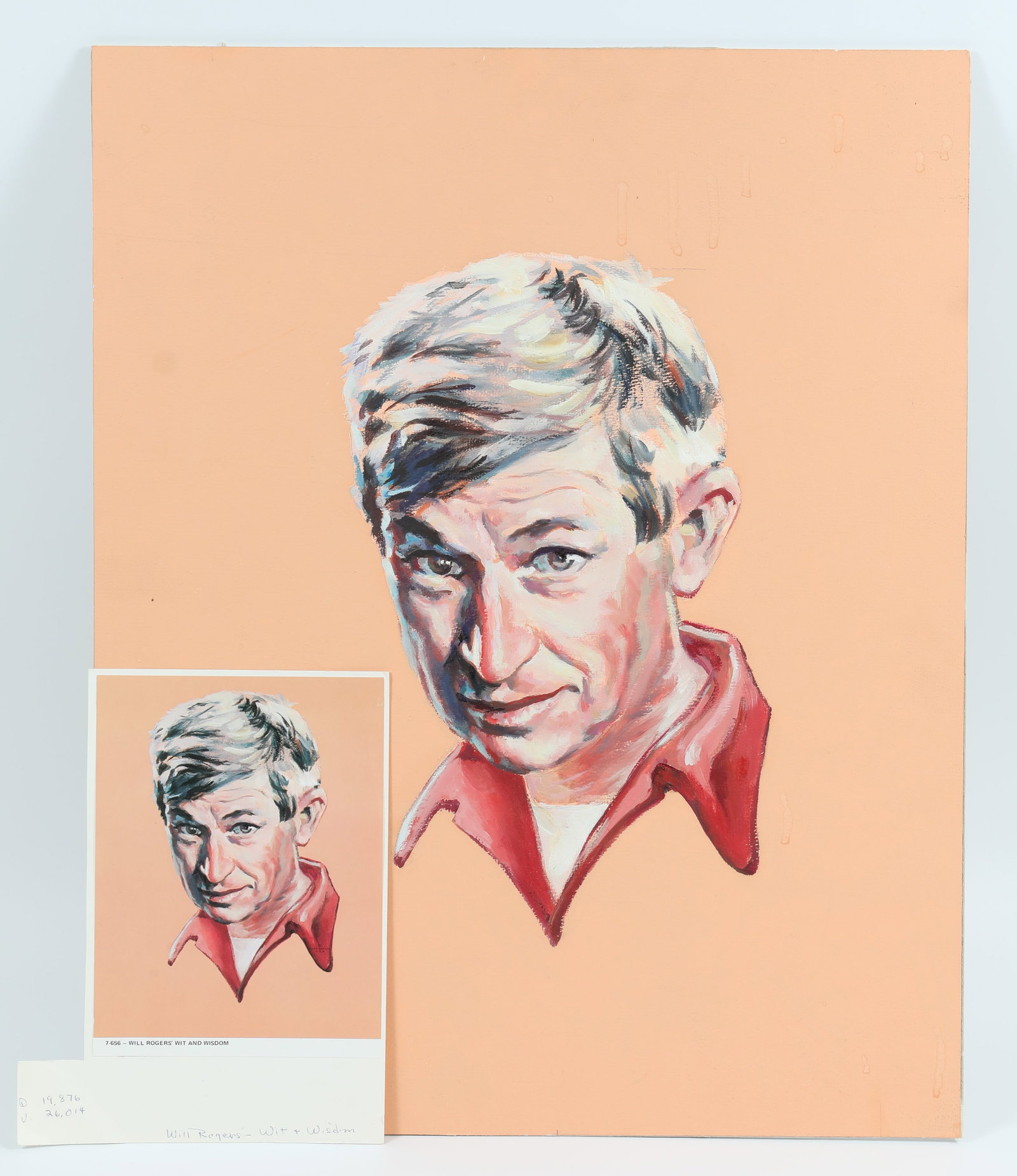 ORIGINAL ILLUSTRATION ART - WILL ROGERS PORTRAIT: Unsigned illustration art, on board; portrait of Will Rogers for Wit and Wisdom; likely for a Shaw Barton calendar; some water stains to background of image; portrait itself is undamaged; together wit