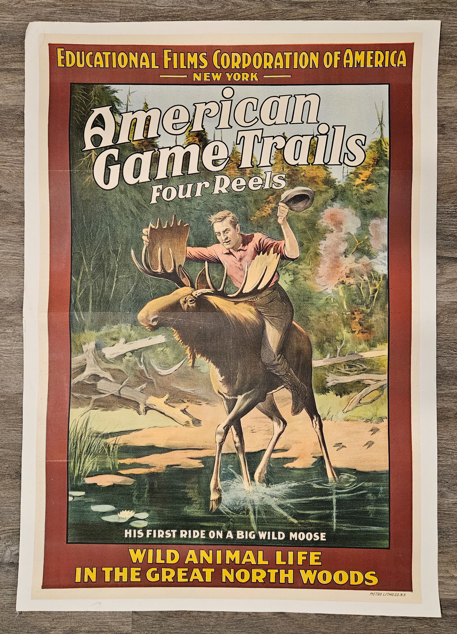 AMERICAN GAME TRAILS LINEN BACKED 1915 POSTER: Lithographed poster for educational movie series; "American Game Trails" "Four Reels", Educational Films Corporation New York; this particular poster features a man comically riding a moose; "Wild Ani